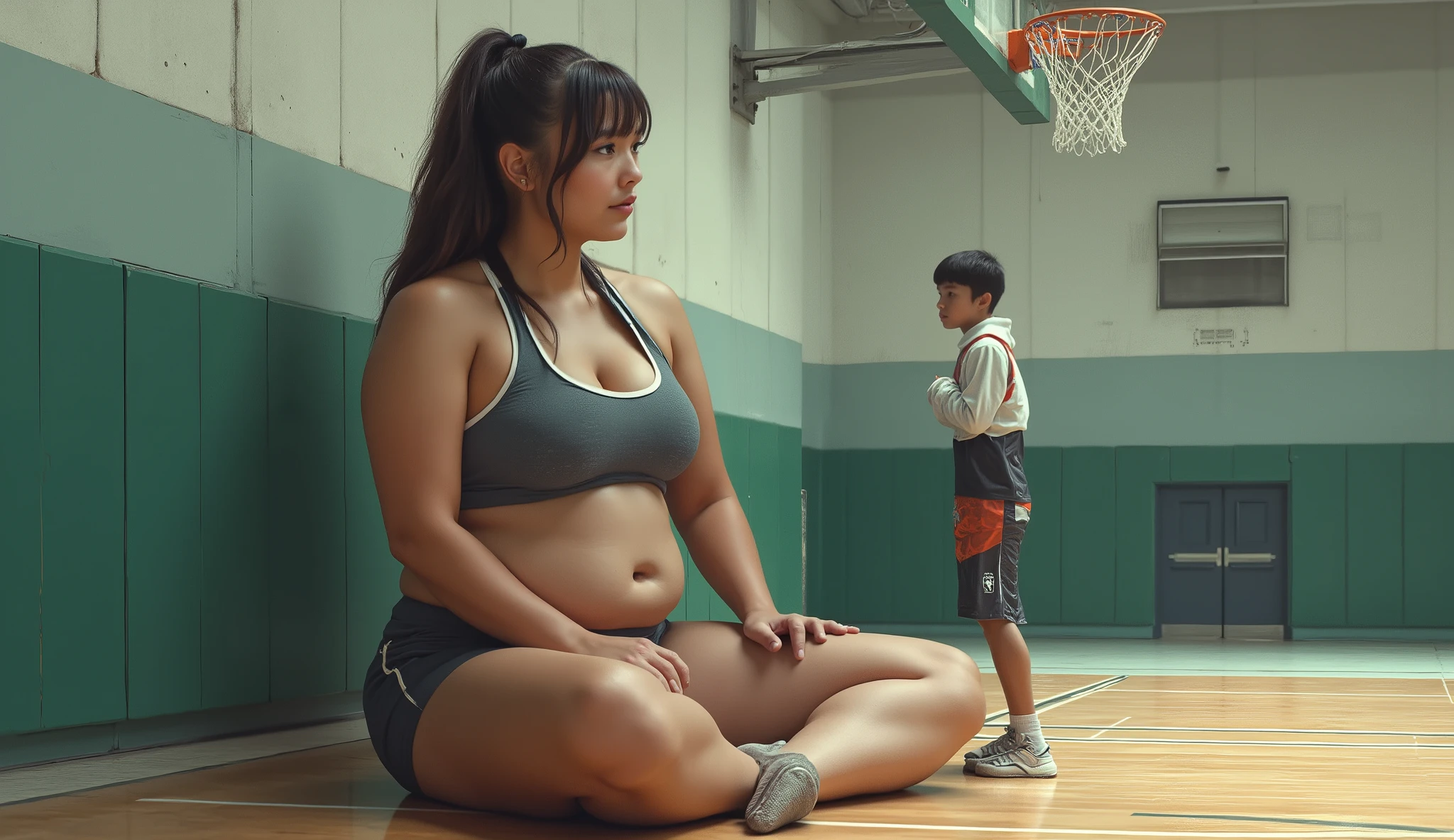 photorealistic picture of a very young curvy giant teen girl in sportswear sitting next to a basketball hoop on the wall in sport hall. The basketball hoop looks short next to her. Her short classmate is sitting on the top od the basketball hoop and talking with giant girl. Beautiful detailed face.