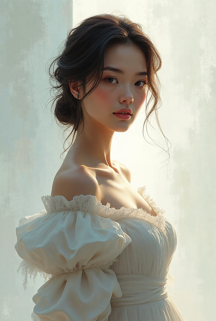 The illustration you provided captures a moment of subtle and delicate beauty, featuring a young woman standing in what appears to be a softly lit indoor setting, possibly a hallway or a room with wooden furnishings. Her appearance is striking and realistic, with a focus on fine details that bring her character to life. She has long, dark hair that cascades over her shoulders and frames her face, appearing slightly damp as if she has just come in from the rain or finished a shower, adding a touch of naturalism and intimacy to the scene. Her skin is smooth and luminous, with a natural blush on her cheeks, enhancing her youthful and fresh appearance. Her  expression is a mix of contemplation and slight melancholy, with her eyes gazing off to the side, giving a sense of depth and emotion. She wears a beautiful white dress adorned with vibrant pink and blue floral patterns, which adds a splash of color to the composition. The dress is sleeveless with delicate ruffles at the shoulders, enhancing her feminine and delicate look. The fabric of the dress appears light and airy, flowing gently around her, suggesting a sense of movement. Around her neck, she wears a simple, elegant necklace that adds a subtle touch of sophistication to her outfit. The light in the room is soft and diffused, casting a gentle glow on her skin and highlighting the textures and patterns of her dress. The background, though slightly blurred, suggests a warm and cozy interior space, with wooden panels and soft, natural lighting that complements the overall serene and introspective mood of the illustration. The attention to detail in her posture, the slight tilt of her head, and the way her hand rests gently on her chest all contribute to a sense of realism and emotional depth, drawing the viewer into her world and evoking a sense of empathy and connection. This illustration beautifully captures a quiet, reflective moment, blending realism with a touch of artistic warmth and emotional resonance