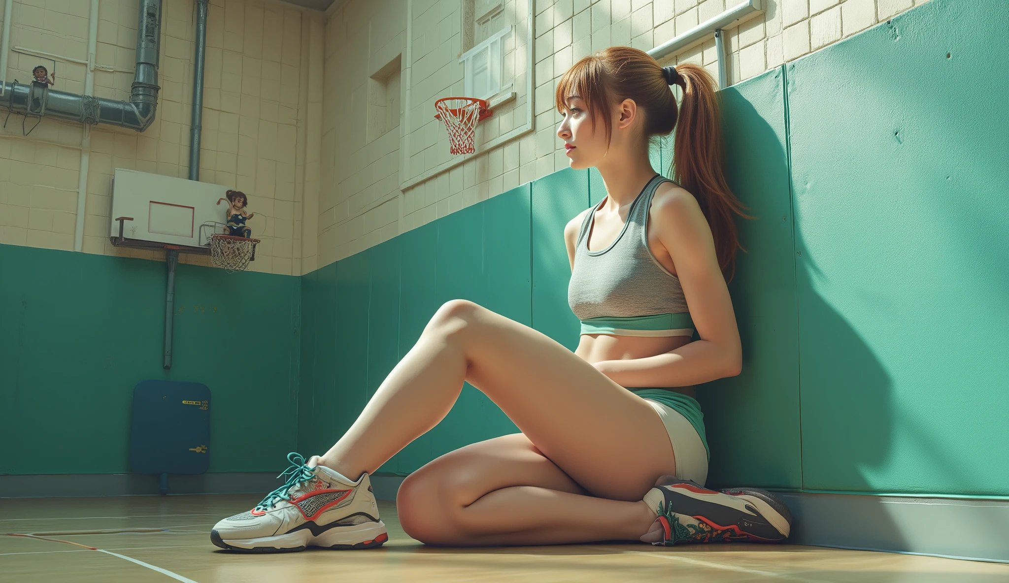 very young curvy giant teen girl in sportswear sitting next to a basketball hoop on the wall in sport hall. The basketball hoop looks short next to her. Her short classmate is sitting on the top od the basketball hoop and talking with giant girl. Beautiful detailed face.