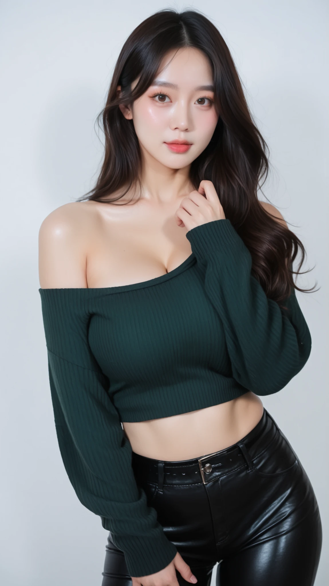 ((Realistic)), (Huge Breasts:1), ((Wide Hips)), (wide pelvis), (Wavy black hair), Dark Brown Eyes, ((Double Eyelids)), (Long Eyelashes), (((Korean Girl))), (((White Skin))), Beautiful Makeup, (Eyeshadow), Thick Thighs, Very Elaborate Eyes, Natural Light, (Masterpiece, Top Quality), (Sexy Beauty), Off-shoulder style dark green knit sweater (one shoulder exposed, relaxed fit), glossy black leather/pleather skinny pants, chic pose with one hand touching hair, haughty and captivating expression looking at the camera, long wavy brown hair, minimalist and clean white/light gray indoor background, soft and even studio lighting.
