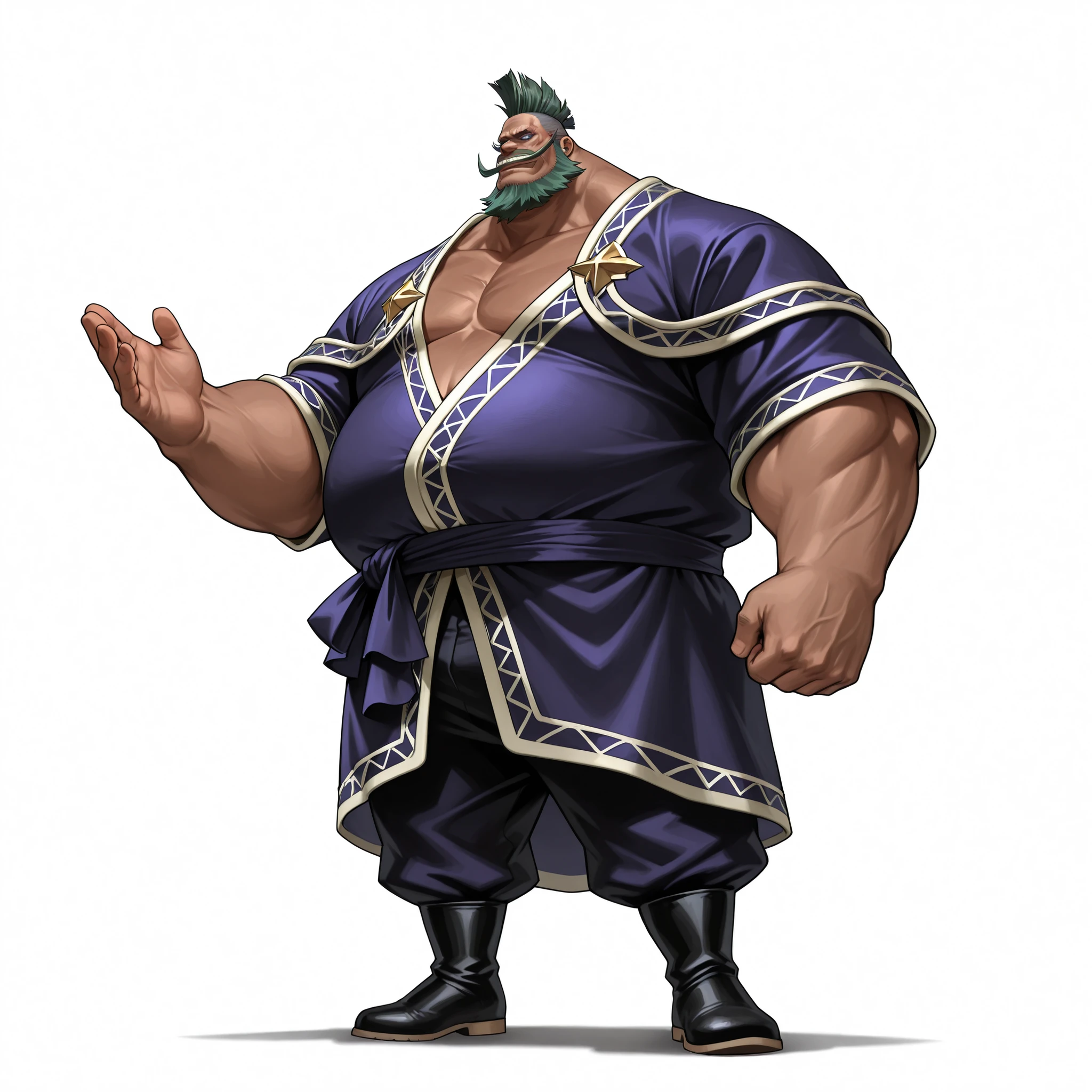 (male), (old man), (large arm), (very fat body), (short mohawk hairstyle, dark skin), (green beard), (blue eyes), (giant body), (giant character), (solo), (single character), (full body version), (white background), (no background), (highly detailed), (shadow), (standing pose), (natural light), (detailed outfit), (detailed hand), (detailed face), (detailed hair)
Wearing noble formal medieval attire, purple luxurious robe with ornate embroidery, fine tunic, fitted trousers, and polished leather boots, radiating the aura of a powerful noble warrior. (Boku no Hero academia style art)