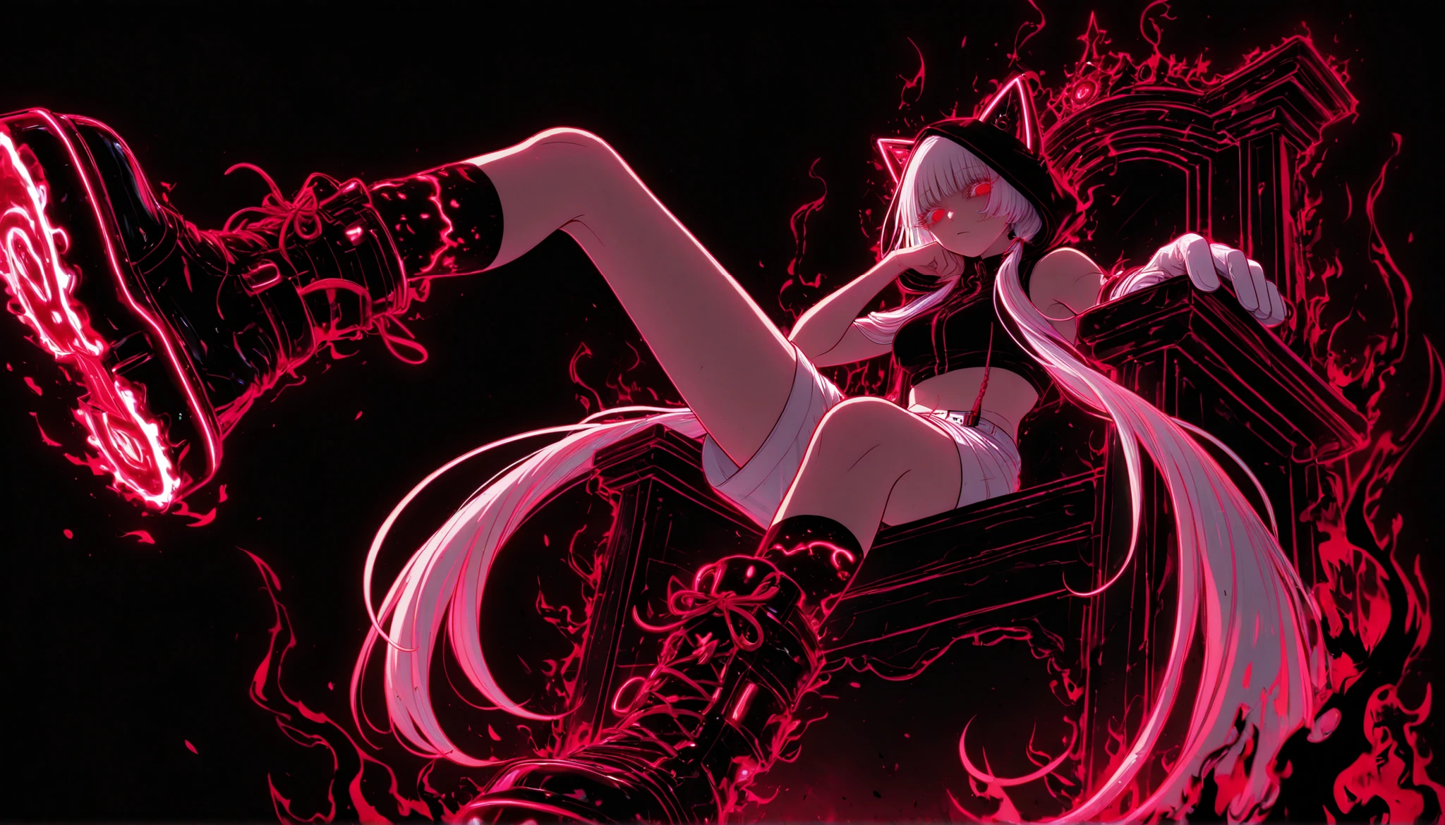 neon art, neon lineart, colorful neon lineart, neon silhouette, silhouette, neon colors, glowing, glow effect, bright outlines, vibrant colors, high contrast, dark background, digital art, 1girl, OC/Seira/, aegyo sal, very long eyelashes, empty eyes, glossy eyes, red eyes, white hair, very long hair, twintails, hair over shoulder, medium breasts, cold, cool, nonchalant, male cool clothes, cool fashion, intricate clothes, intricate accessories, intricate patterns, cool, stylish, black top, bare shoulders, crop top, hood, cat hood, hood up, hood with neon trims, white shorts, shorts with neon trims, intricate socks, asymmetrical socks, intricate boots, cat themed boots, black boots, single glove, white glove, solo, glowing eyes, looking at viewer, bored, head rest, sitting on throne, (from below), (from side:0.5), dynamic shot, dynamic view, dynamic composition, ((dynamic pose, foreshortening:1.3)), (((black aura))), dark, black theme, (((black background)))