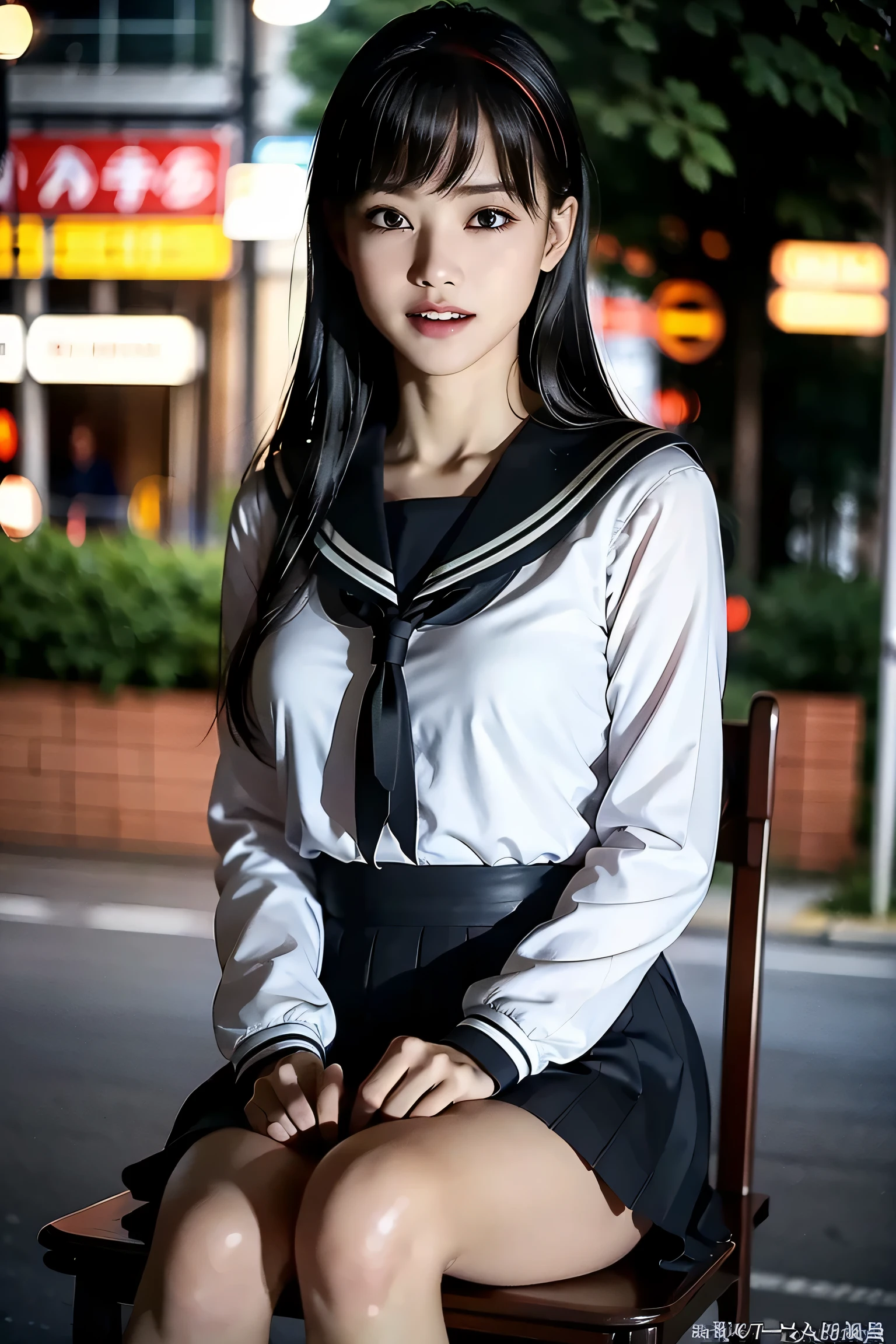 (8k,   Highest Quality  ,  masterpiece:1.2), (  Realistic, photo-  Realistic:1.37),   very detailed,  Highest Quality  ,     so great,    professional lighting   ,    Photon Mapping   ,     emissivity,   teeth、and、represents a spectacular natural landscape with physics-based rendering,     Cinematic Light   ,  late night road,     The depth of the letter frame    ,      sharp concentration sitting outside a chair ,sunshine, Good composition,(Bokeh:1.2)   1 Girl, Alone,(full body), (   彼女teeth口を閉じた   ), beautiful and cute eyes , stop temporarily,    thin waist,     Japanese high school girl   ,       dark haired,  holta bra,    long hair ,sailor、女子高校生のsailor服、happy smile、彼女teeth幸せ、