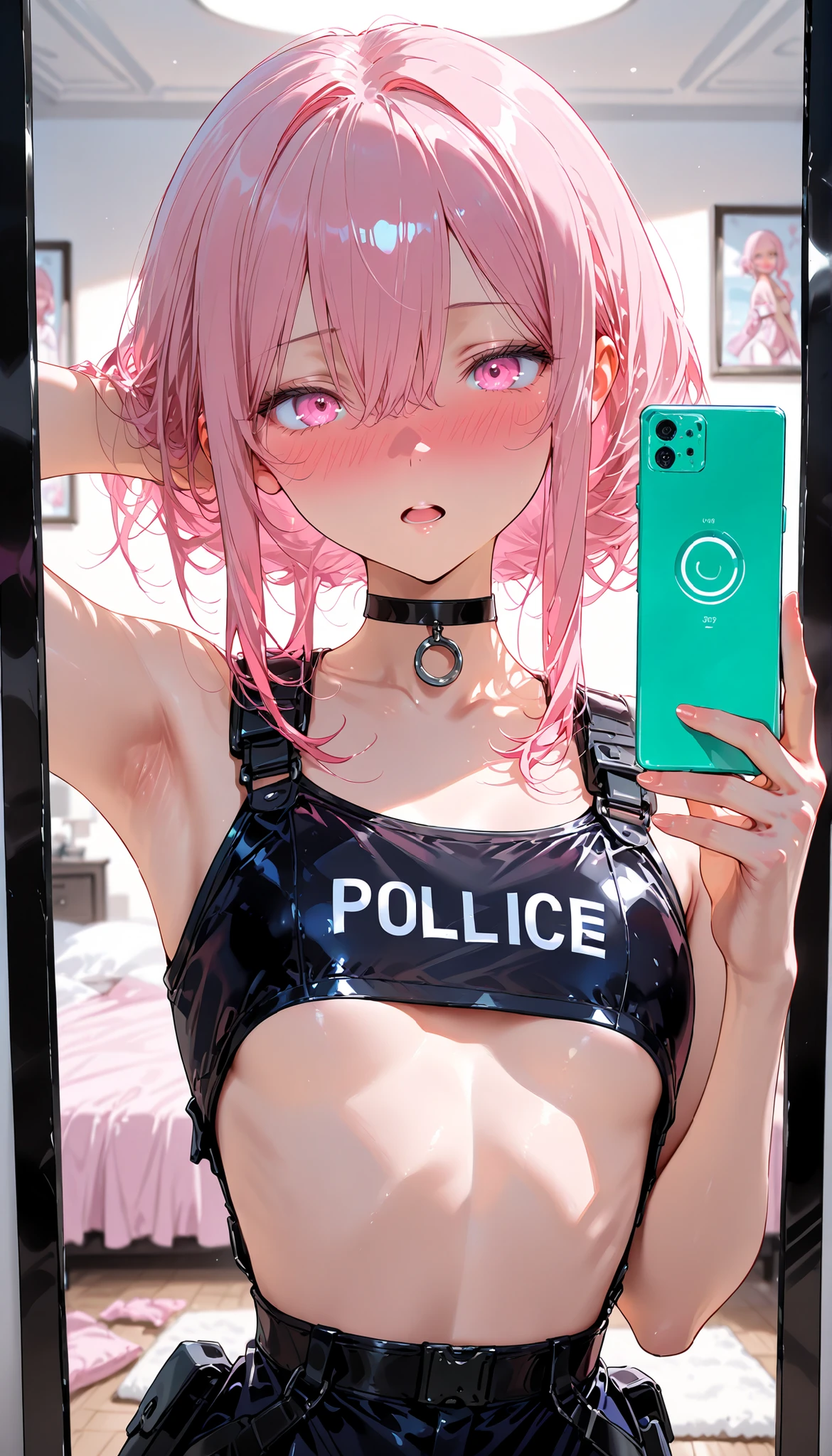 Top quality, Masterpiece, Ultra precise, ((Top quality, Masterpiece:1.3)), sharp focus:1.2, beautiful, A mature woman with a perfect body seen from below, attractive in front of the target, bright pink eyes, Clear eyes, Himekut, light pink hair, Black Choker, Full Face Blush, Flat Chest, upper body, arm behind head, open mouth, kneels down, Looking sideways. bed room, Standing in front of a full-length mirror, taking a selfie with my white color phone, blue underboob police cosplay costume
