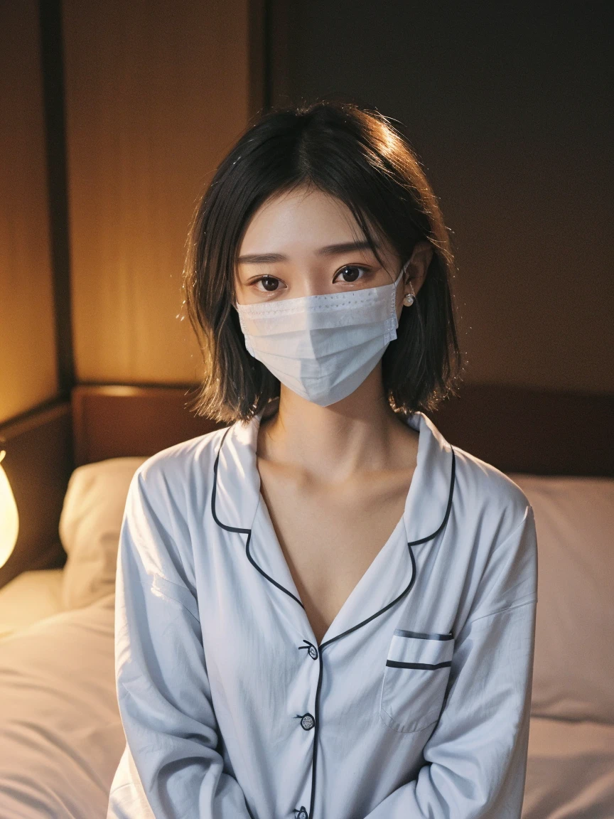 medium shot,living room, japanese lady, pale skin, droopy eyes, 20 year old, bowl cut hair, ((white t-shirts,lowrise blue denim shorts)), ((sitting on the sofa)), high quality:1.3, shoot from below, Professional lighting:2.0 realistic:1.2, 4k resolution, detailed skin, masterpiece:1.1,smile,(tanned skin:1.3),(sunburn tanlines:1.3),(athlete:1.2),(:1.3),(),((white mask)),(model pose),((mask_pull:1.3),