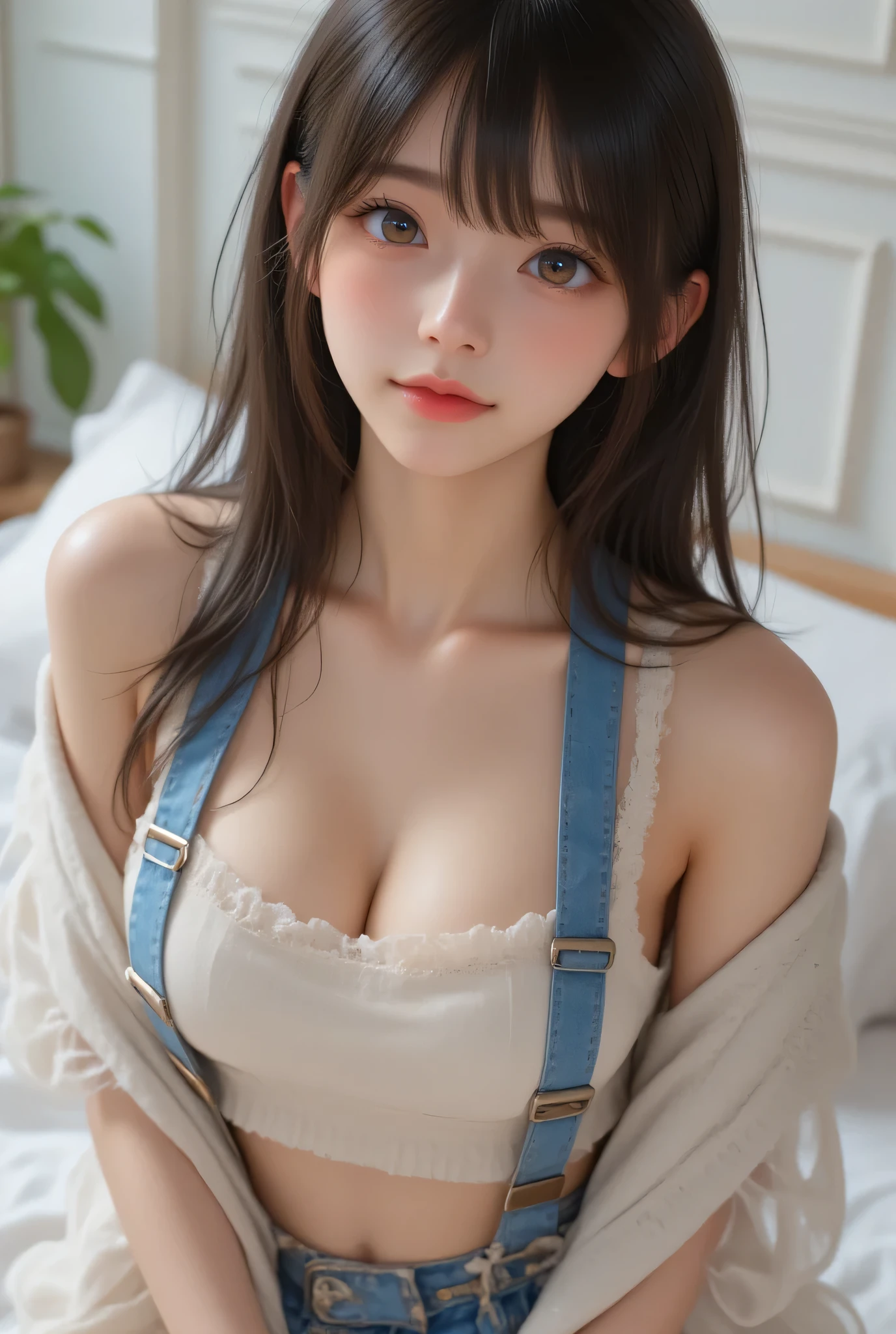 (8k、RAW Photography、Photorealsitic:1.25)、(large full ???????)、(highlydetailed skin:1.2) dungarees 、Bra Top 、Black beret、Well lit by sunlight、outside of house、Floral tattoo BREAK 、bangss、Blunt bangs、Orchan、a smile、Looking for a gentle, goddess-like sense of happiness to the viewer、(Loose clothes、Ultra-thin fabric:1.2)、((small ???????、small ????:1.3))、happy smail、((??????? in natural form))、(Thin and ultra-realistic eyebrows)、((Lower your arms))、((Lens aperture f1.8:1.3))