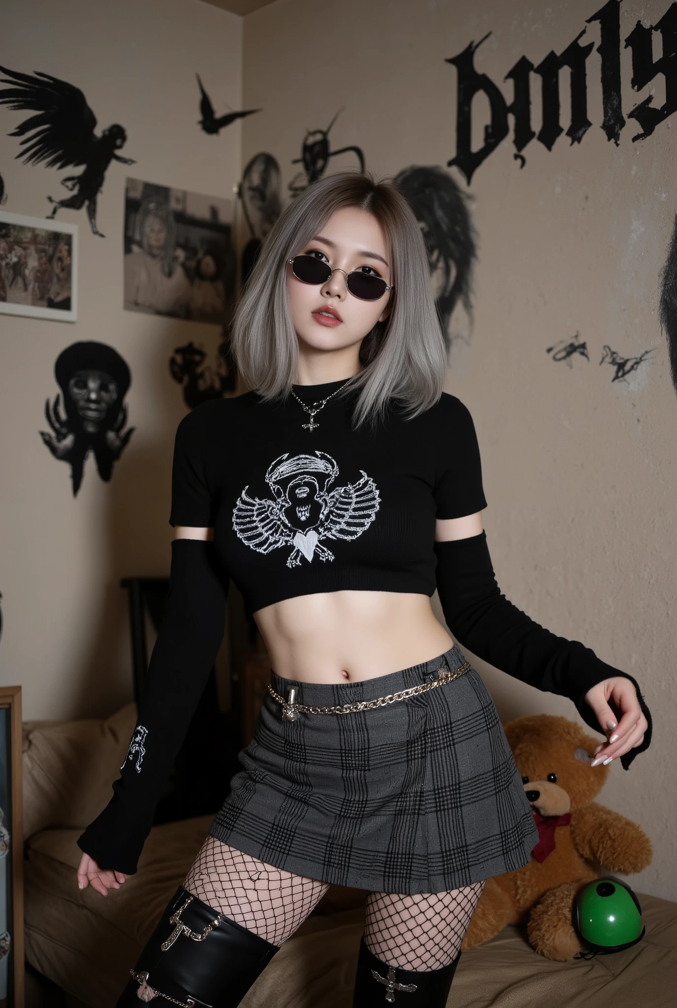 A portrait of a young Korean woman in a modern punk-gothic style poses casually yet confidently. She has a slender body, beautifully curvy, revealing her navel, broad shoulders, ample thighs, ample buttocks, fair skin, an oval face, a high nose, and a calm yet distinctive expression. Her straight, slightly fluffy, shoulder-length hair gradates from dark gray at the roots to light silver at the tips. Her hair is parted slightly in the middle, shiny, and has a smooth texture, giving it an elegant yet mysterious look. She wears small, round sunglasses, accentuating her cool and edgy aura.
Her outfit consists of a tight-fitting black crop top with a graphic gothic motif, such as a cross or tribal symbol, and black knit arm warmers that open at the toes and are ripped with a cross motif. Around her waist is a small waist chain or chain accessory with a small black heart-shaped pendant. She wears a hip-length, black-gray plaid miniskirt paired with small, ripped fishnet stockings that reveal an artistic tattoo on her right thigh.
Her shoes, knee-high black boots with silver chain detailing and a shiny cross emblem, emphasize her strong and bold alternative style. The background features a wall with several dark-themed images, winged angels, and gothic designs taped together with brown tape. In the bottom right corner, a teddy bear with a green helmet provides a contrast between the dark and artistic atmosphere.
The lighting is soft, with a predominance of black, gray, and dull beige. The overall atmosphere is gothic, stylish, mysterious, and expressive. Taken with an iPhone 15 Pro.