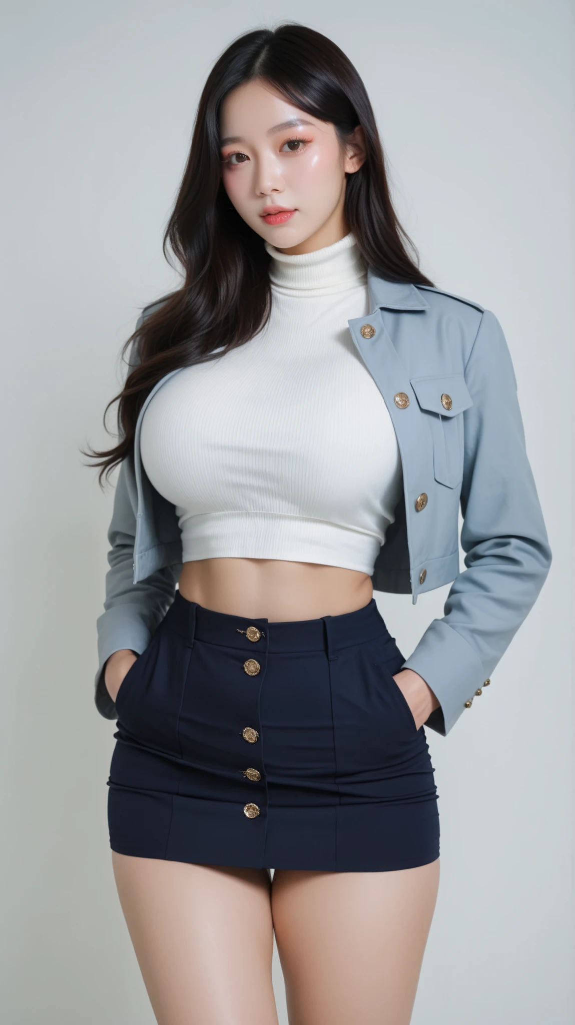 ((Realistic)), (Huge Breasts:1), (Wide Hips), (Wavy black hair), Dark Brown Eyes, ((Double Eyelids)), (Long Eyelashes), (((Korean Girl))), (((White Skin))), Beautiful Makeup, (Eyeshadow), Thick Thighs, Very Elaborate Eyes, Natural Light, (Masterpiece, Top Quality), (Sexy Beauty), Formal wear/Tweed set-up, light blue cropped tweed jacket (crop jacket, button details), (matching light blue cropped tweed mini skirt)(tweed mini skirt, pocket details), sleeveless turtleneck inner top(navy), pose standing a looking at the camera, sophisticated and elegant expression, No background , White background, ((knee shot)), bright and clean indoor lighting.