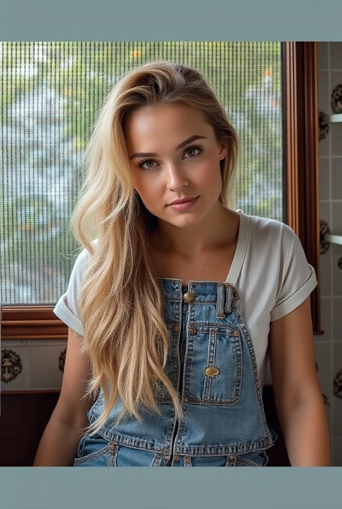 A beautiful European girl is sitting on a chair in her dimly lit room, with a black bandana over her blonde hair, a sweet and sincere smile