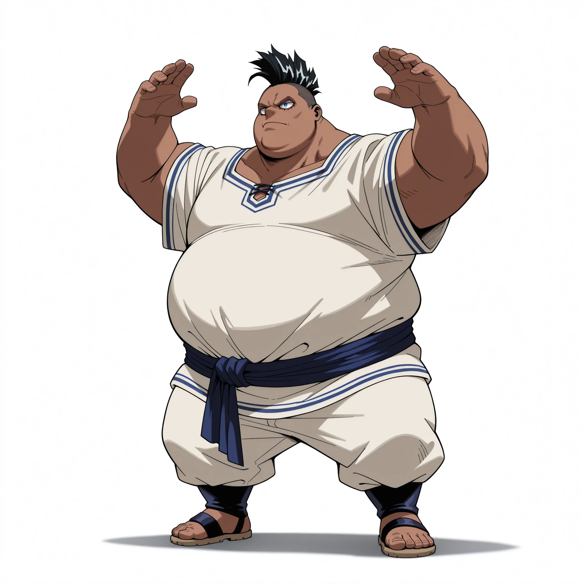 (male), (child boy), (large arm), (very fat body), (mohawk hairstyle, black hair, dark skin), (blue eyes), (giant body), (giant character), (solo), (single character), (full body version), (white background), (no background), (highly detailed), (shadow), (standing pose), (natural light), (detailed outfit), (detailed hand), (detailed face), (detailed hair) Wearing noble casual medieval attire, blue and white tunic, white trousers, sandals, (Boku no Hero academia style art), (Boku no Hero academia style art)