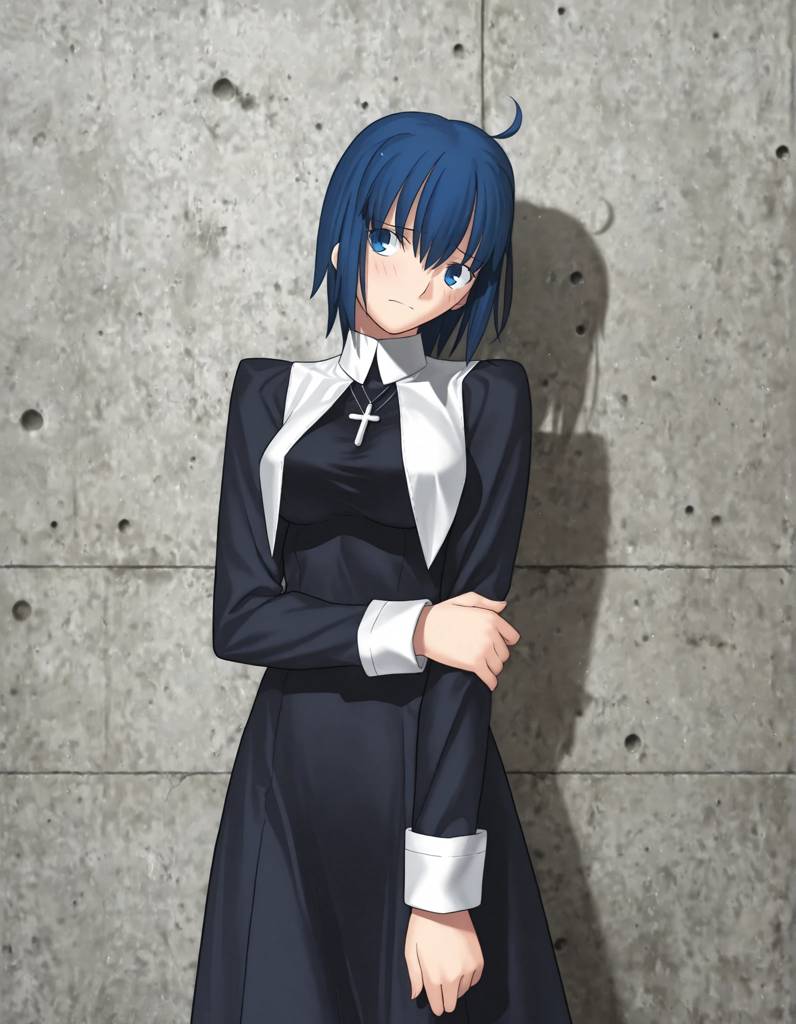 masterpiece, , absurdres, highres, detailed background, high resolution, masterpiece, necessary, detail, best quality, quality, necessary, details, High details, Precise, , , outdoors, , (cowboy shot), ((light gray concrete wall)), (cinematic light), , solo,                                            
                                                                                                                                                                                                                         1girl, , Takeuchi Takashi (type-moon, tsukihime) style, takeuchi takashi style, (hold own arm, ), head back,(head tilt),seriously, ,
   
girl, slim arms,<lora:illustrious_XL_ciel:0 . 9> , ciel , short hair ,blue eyes ,blue hair ,a nun costume ,tights ,medium breasts, , looking away, light embarrassed,                                                                                                                                                                                                                                                                                                                                                                                                                                                                                                                                                                                    