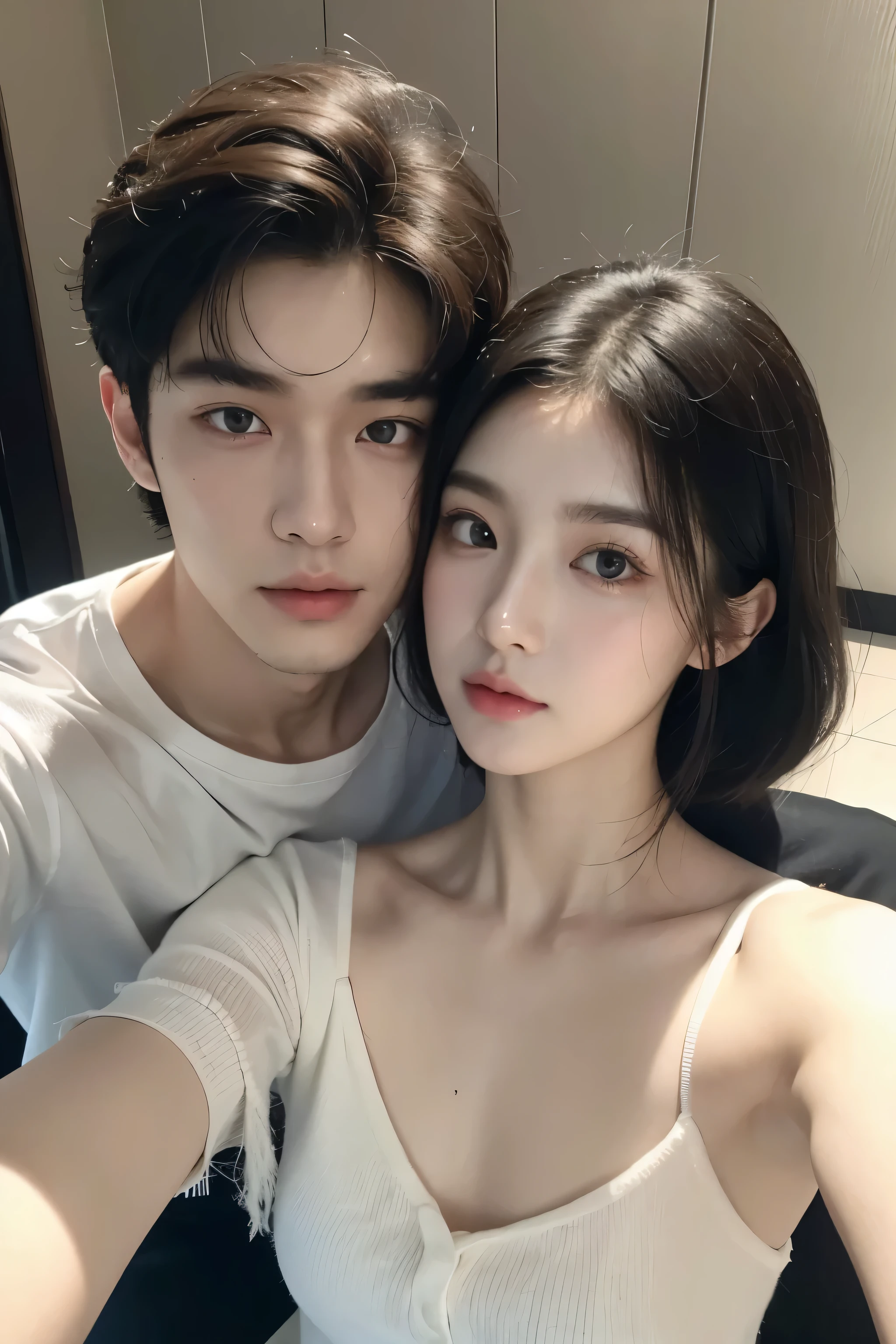 (masterpiece, best quality), 2 people, MALE, extremely realistic, handsome korean young guy, artistic vibe, pale white skin, handsome young guy, black short hair, fluffy curly hair, perfect face, beautiful face, alluring, natural pose, fluffy hair, real pore white skin, beautiful hand, selfie, selca, zoom, only face, detailed face, big monolid eyes, only face, selfie, cool, male, boy, vivid eye look, clear and detailed pore, pore, pore skin texture, natural face selfie, aesthetic, ulzzang vibe, male, man, monolid big eyes, couple selfie, man and a long hair girl selfie, 2 people, change the clothes of the girl