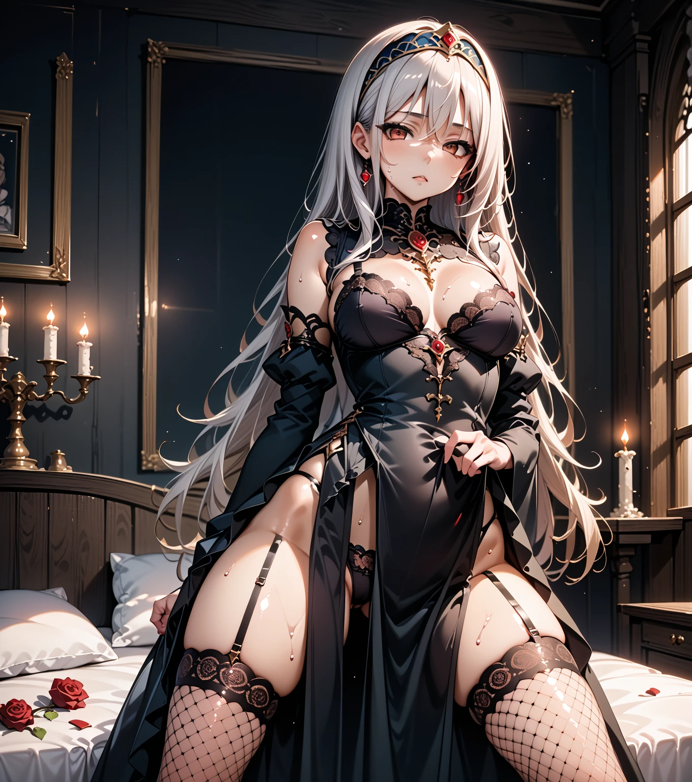  (Highest quality, High resolution, Very detailed), 1 female, Silver Hair, Long Hair, Reddish brown eyes, micro mini dress, lace ?????, secretary, 24th generation, Beautiful woman, mature, quiet, Calm, ?????????????, A small smile, sofa, sitting, ???????????,