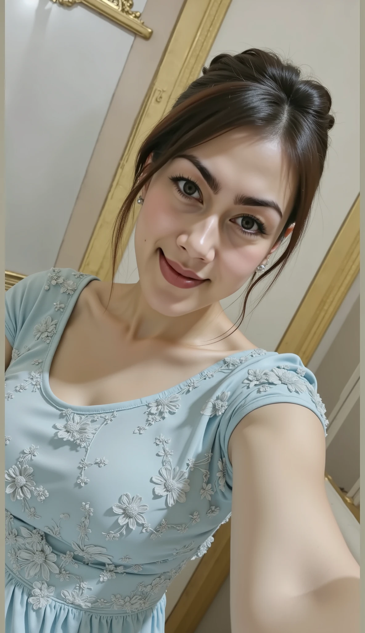 hyper HD, Masterpiece, Textured skin, 4K, Best quality of potrait a Beautiful asian woman white fairy skin wearing dress , close-up half body , happy vibes, beauty smile , open mouth showing teeth , smiling confident , huge breast , perfect hands , auto correct detail fingers.
