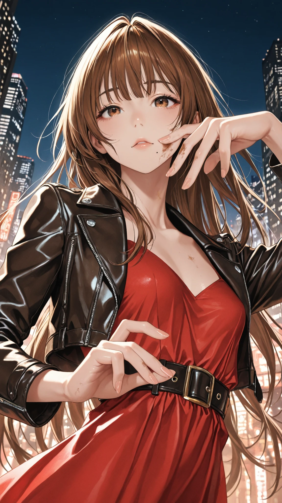 group golden ratio, Proper Configuration,beautiful illustrations seen from the forest, (masterpiece, details:1.2), Maoricus,score_9, score_8_up, score_7_up, score_6_up, score_5_up, 1girl, small breasts, Dirty Anime Style, Leather Jacket, A beautiful Japanese woman with、big boobs is standing in a red dress, 5 anatomically correct fingers, mole under mouth, close-up, brown hair, straight long hair, super quality, 8k, super quality, Beautiful Japanese Woman, teen, 表情のclose-up, details eyes, careful brown iris, clear brown eyes, high resolution, Beautiful Japanese Womanが立っている, ANATOMICALLY CORRECT RATIO :1.331, Tiny Head :1.331, upper body angle, details skin, details face, Dynamic Pose, The viewer looks up at her, Night cityscape,