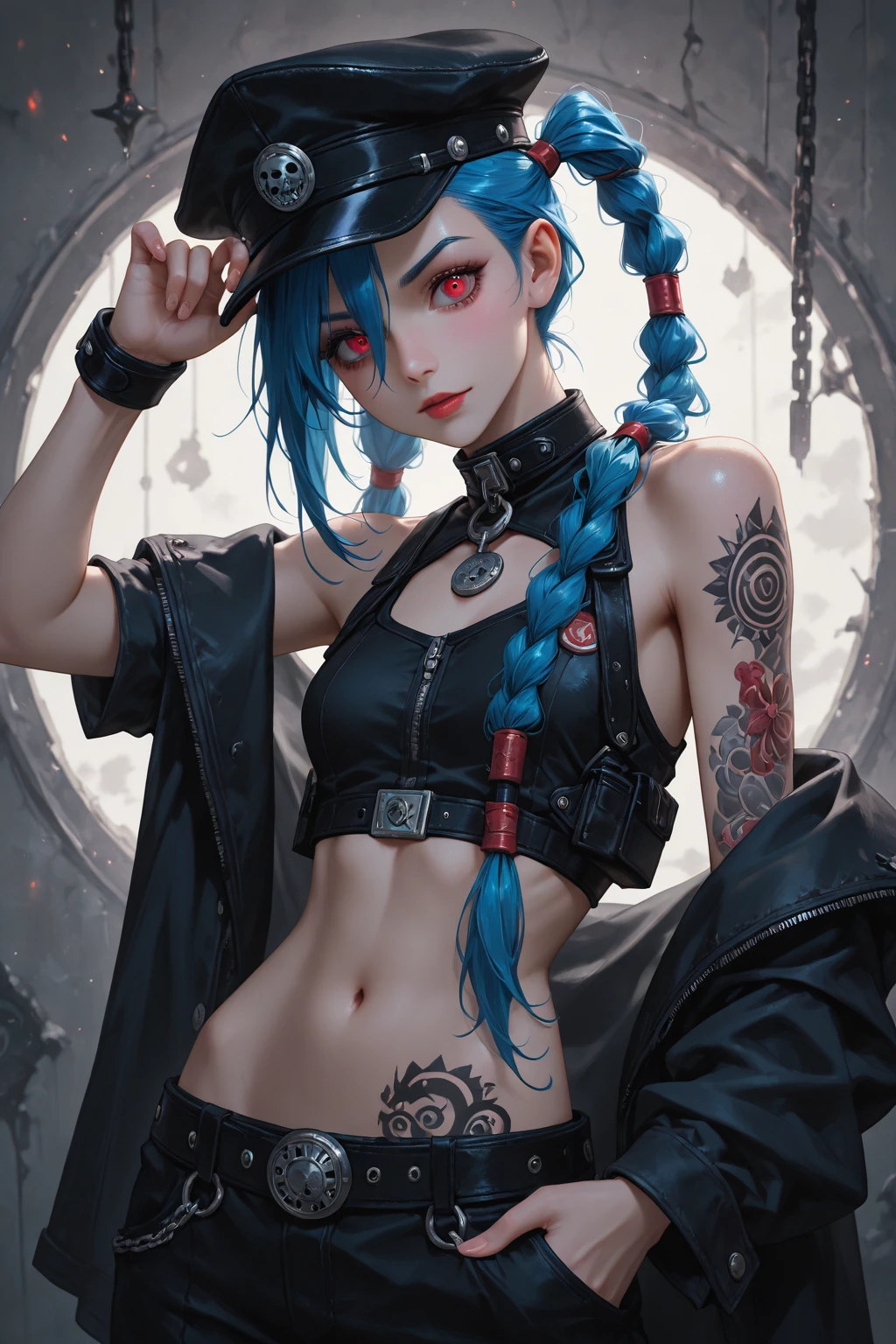hot heavy metal singer, cyan emo short hair, punk hair, gray eyes, (solo), tomboy, smoking cigarette, sunglasses, Elonglin Beret, goth, body tattoos, , masterpiece, best quality, 8k, artstation, wallpaper, official art, sharp focus, beautiful woman, brown skin, cyan hair, half-