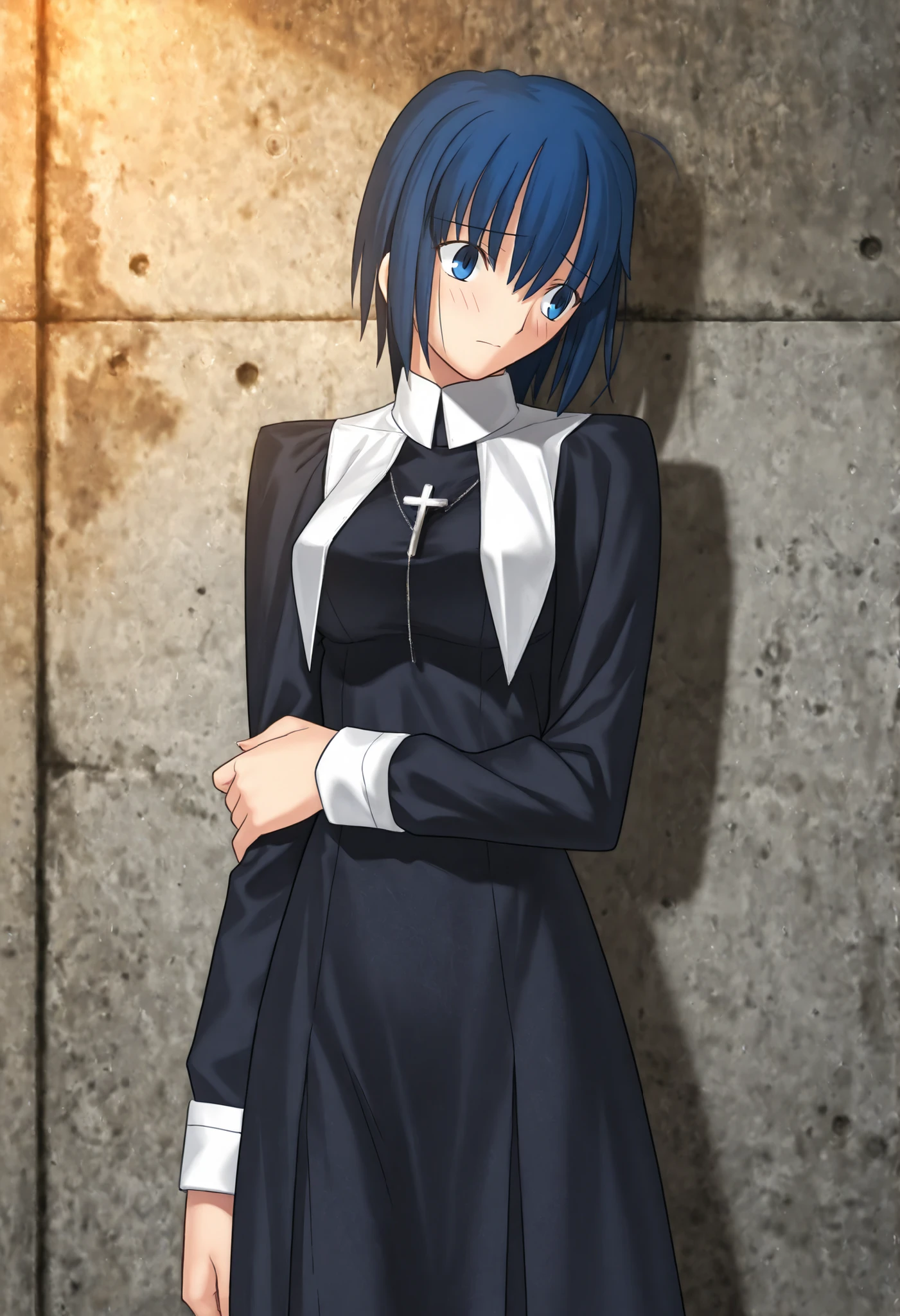 masterpiece, , absurdres, highres, detailed background, high resolution, masterpiece, necessary, detail, best quality, quality, necessary, details, High details, Precise, , , outdoors, , (cowboy shot), ((light gray concrete wall)), (cinematic light), , solo,                                            
                                                                                                                                                                                                                         1girl, , Takeuchi Takashi (type-moon, tsukihime) style, takeuchi takashi style, (hold own arm, ), head back,(head tilt),seriously, ,
   
girl, slim arms,<lora:illustrious_XL_ciel:0 . 9> , ciel , short hair ,blue eyes ,blue hair ,a nun costume ,tights ,medium breasts, , looking away, light embarrassed,                                                                                                                                                                                                                                                                                                                                                                                                                                                                                                                                                                                    