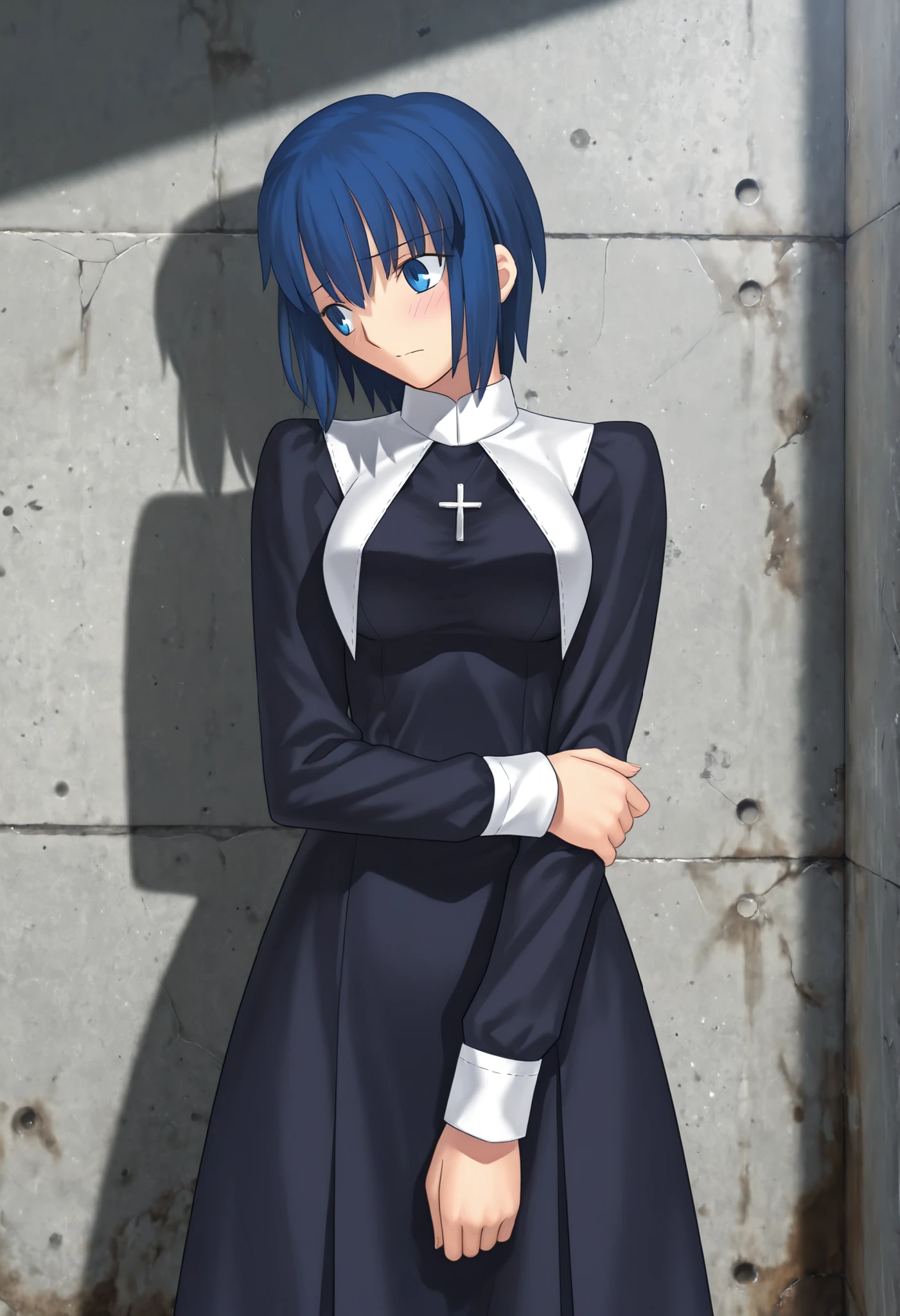 masterpiece, , absurdres, highres, detailed background, high resolution, masterpiece, necessary, detail, best quality, quality, necessary, details, High details, Precise, , , outdoors, , (cowboy shot), ((light gray concrete wall)), (cinematic light), , solo,                                            
                                                                                                                                                                                                                         1girl, , Takeuchi Takashi (type-moon, tsukihime) style, takeuchi takashi style, (hold own arm, ), head back,(head tilt),seriously, ,
   
girl, slim arms,<lora:illustrious_XL_ciel:0 . 9> , ciel , short hair ,blue eyes ,blue hair ,a nun costume ,tights ,medium breasts, , looking away, light embarrassed,                                                                                                                                                                                                                                                                                                                                                                                                                                                                                                                                                                                    