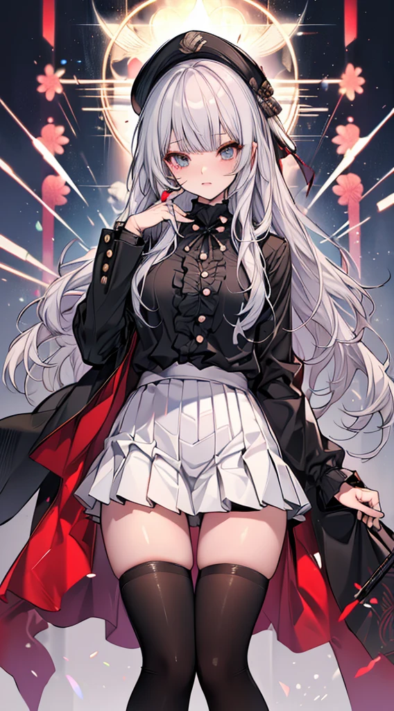 beautiful hair、 beautiful eyes、 beautiful skin、beautiful legs、beautiful arms、perfect fingers、 Very cute，white hair, long hair，white cat ears, white cat tail,best quality，High resolution，top quality，pink bow，slender eyebrows，hair slightly moist，little girl，very young，18 years old，Shy的微笑，Lift up most of the skirt with both hands，Wearing black knee-high socks on the right leg，Wearing white knee socks on left leg，extra large breasts，plump breasts，tall figure，pink bow ，Red eyes，white skirt，Blushed，Shy，凸显extra large breasts，Breasts mostly exposed