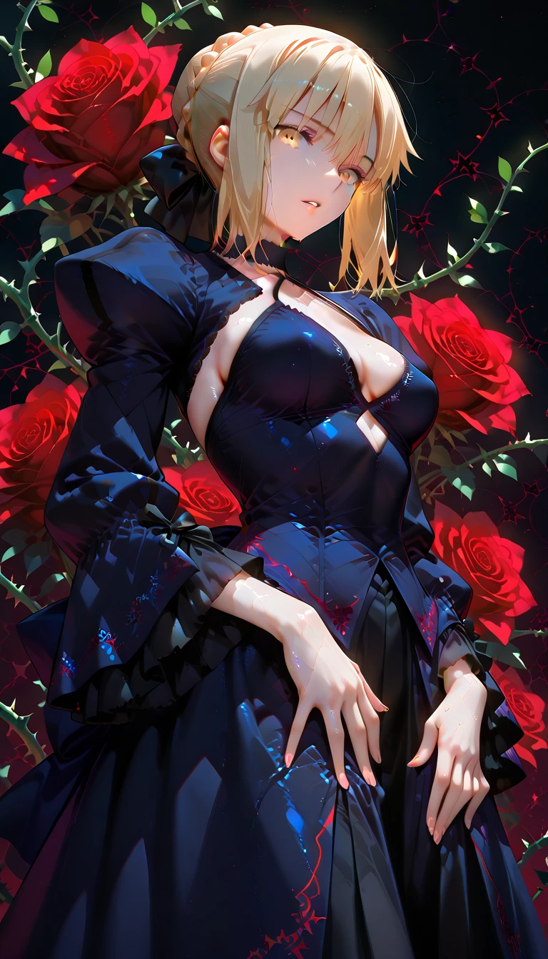 yor briar, anime style beutiful woman, 1girl, happy, ???? pause,(with sparkling eyes and a contagious smile:0.9),red face, closed mouth, beautiful detailed eyes, super detailed skin, backlighting, ???? shoulders, black background, black dress, black gloves, black hair, ???????, dress, earrings, fingerless gloves, floating hair, floral print, flower, gloves, gold earrings, gold hairband, hair flower, hair ornament, hairband, holding, holding weapon, jewelry, ?????????????, long hair, looking at viewer, off-shoulder ?????????? shoulder,red eyes, short hair with long locks, sidelocks, solo, spikes, thighs, two-sided dress, two-sided fabric, weapon, fighting stance , face, close up, from above, highest quality, looking at viewer,high resolution.