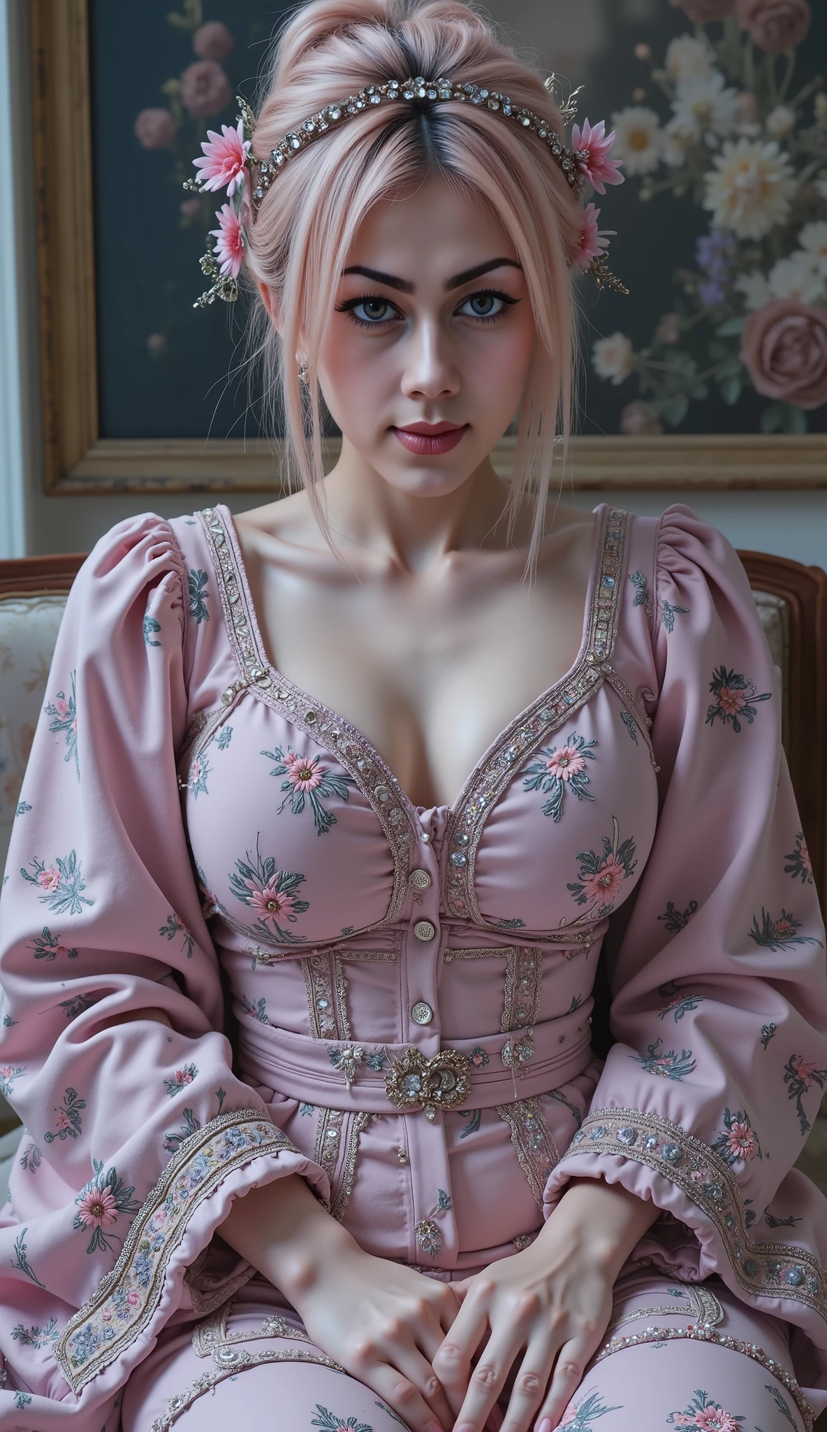 A mesmerizingly enchanting enchanter gazes out, with eyes that seem to draw you in. This composite photograph captures a surreal blend of fantasy and reality. The enchanter is adorned in luxurious, shimmering robes that seem to shift in color with each passing moment, their presence exuding a sense of otherworldly power. Each intricate detail of their attire is painstakingly depicted, from the intricate embroidery to the delicate gemstones that adorn their cuffs. The image is rich with depth and texture, creating a truly immersive experience for the viewer