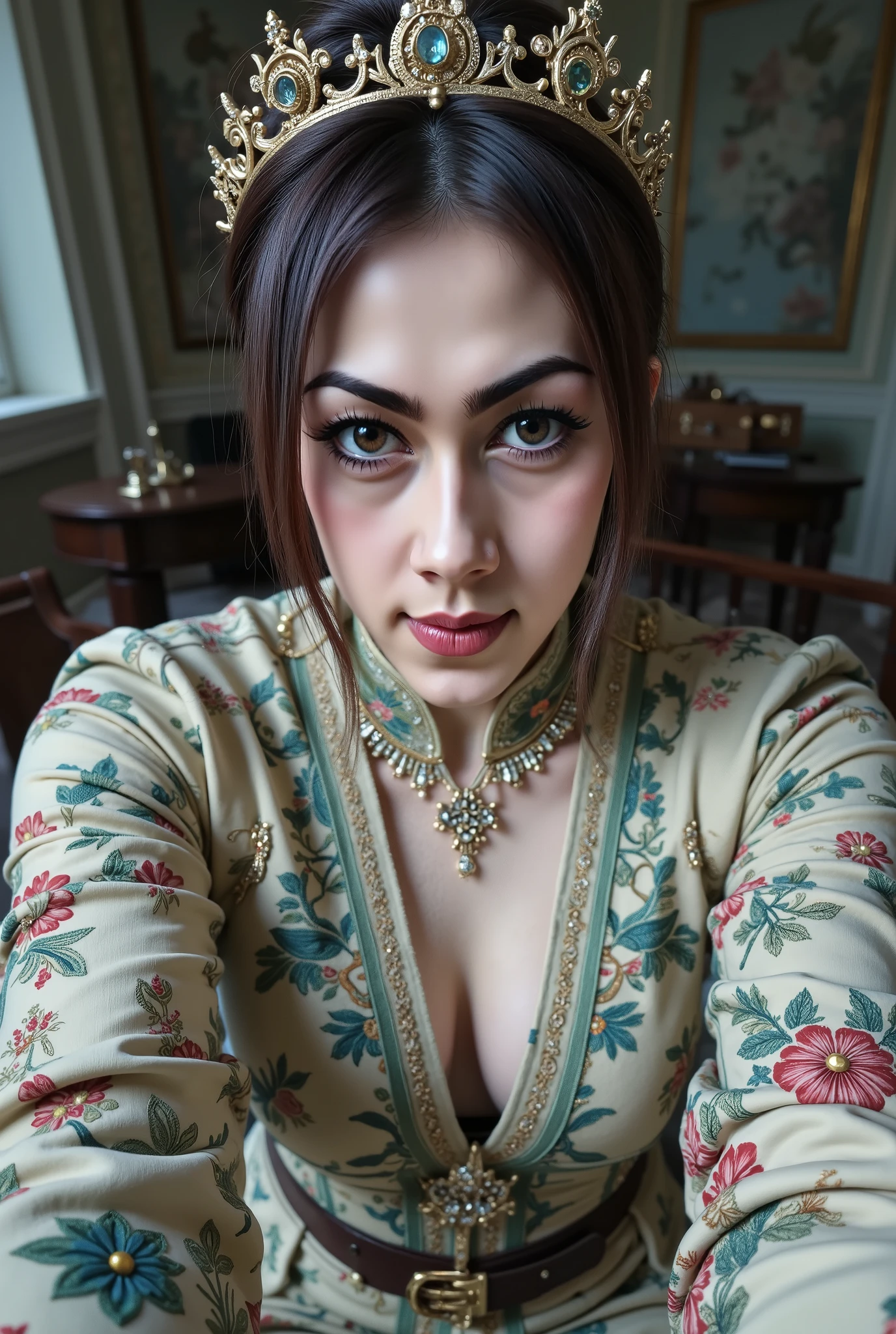 A mesmerizingly enchanting enchanter gazes out, with eyes that seem to draw you in. This composite photograph captures a surreal blend of fantasy and reality. The enchanter is adorned in luxurious, shimmering robes that seem to shift in color with each passing moment, their presence exuding a sense of otherworldly power. Each intricate detail of their attire is painstakingly depicted, from the intricate embroidery to the delicate gemstones that adorn their cuffs. The image is rich with depth and texture, creating a truly immersive experience for the viewer