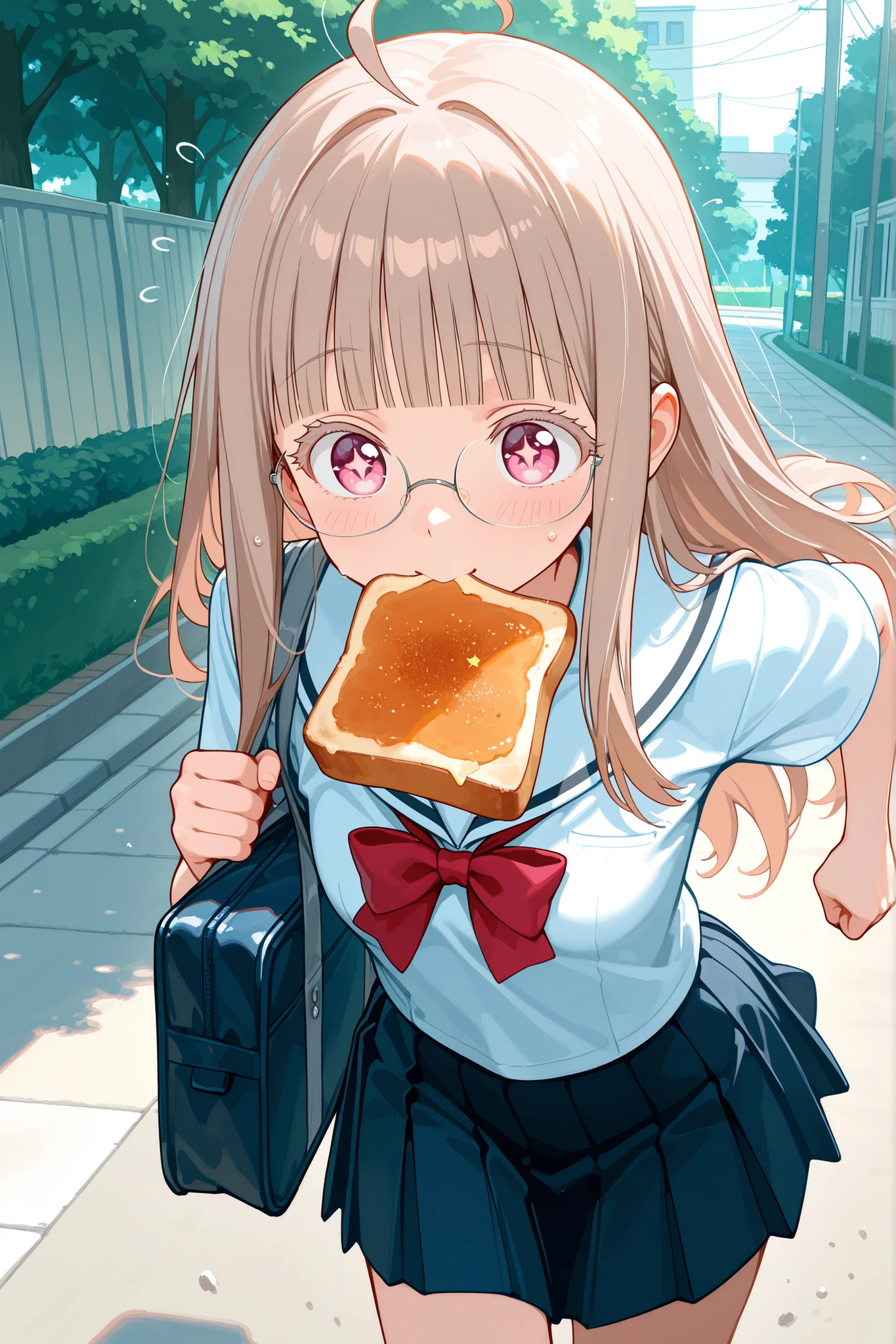 NSFW, 1girl, solo, character focus, close to viewer, front view, upper body, cowboy shot, looking ahead, dutch angle, close-up, ((flying sweatdrops)), outdoor, residential area, sidewalk, school route, (((running))), girl running pose, (forward leaning posture), summer school uniform, school uniform skirt, school bag, toast, holding toast in mouth, panic expression, glasses, light brown hair, light pink eyes, eyelashes, colored eyelashes, light brown eyelashes, tareme, star in eye, long hair, blunt bangs, small breasts, sidelocks, \:3, ahoge, soft lighting, high detail, anime style, {animated painting}, {{{{{five hand fingers}}}}}, {{{{{4fingers and 1thumbs}}}}}, {{{high resolution}}}, {{{best quality}}}, {{ultra-detailed}}, {illustration}, {{an extremely delicate and beautiful}},