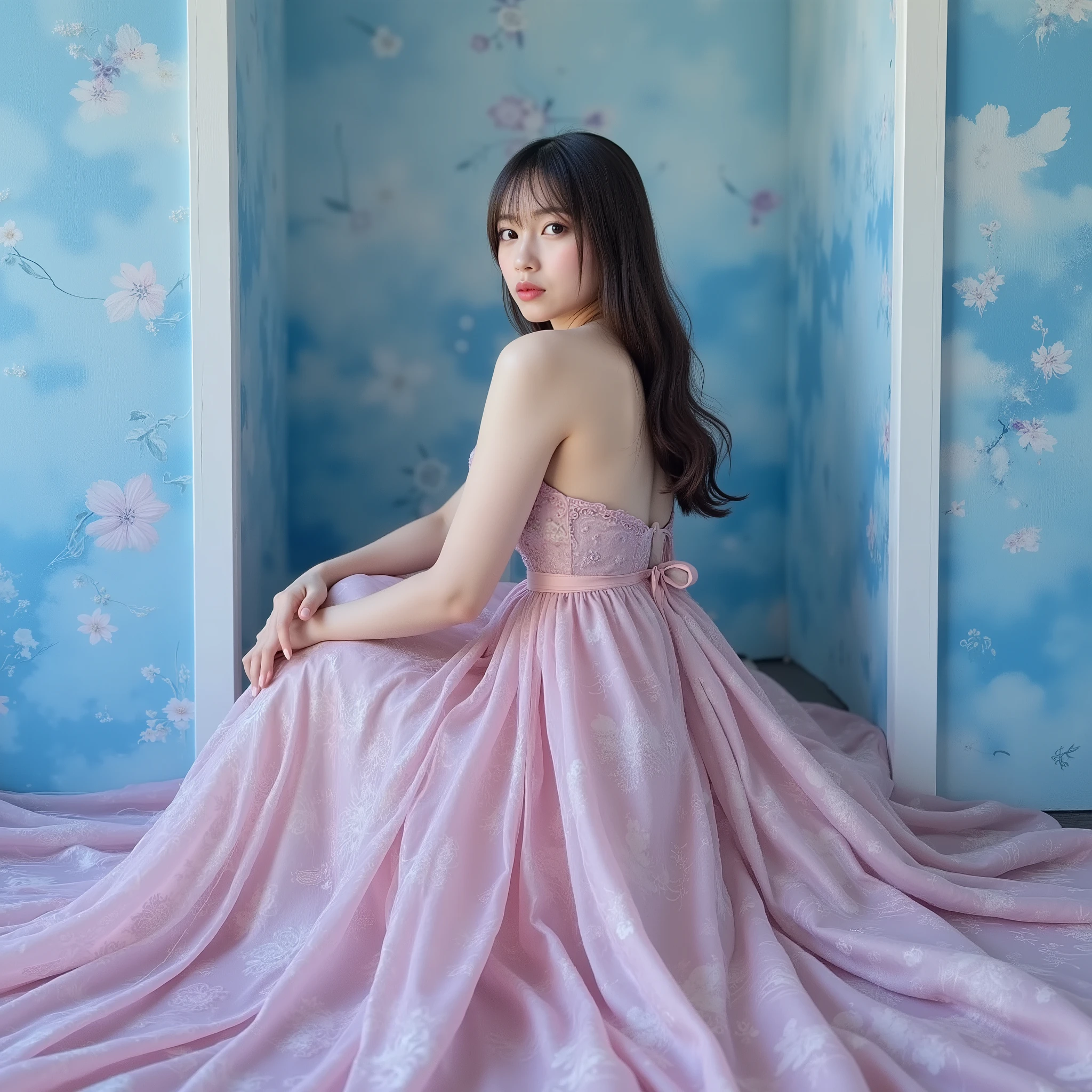 8k, super high resolution, Highest Quality, masterpiece,The Third Law ,Group of 4 tall high school students wearing black leather designer bags, surreal, Picture , ONE WOMAN,( girls :1.3), cute, cute顔, Beautiful eyes in every detail ,  details ,masterpiece,OFFICIAL ART, The woman was sitting ,   is playing , An elegant gown flows down around her and. The dresses feature a delicate floral pattern in muted shades of purple and pink, giving a watercolor-like effect to richly textured fabric. The woman is long and styled, Lush curls 、exudes elegant elegance. The background is dreamy, on both sides of the blue texture, contributing to the fantastic atmosphere of this scene, contributing to the fantastic atmosphere of this scene. the lighting is soft, casting gentle shadows and enhancing the soft hues of the clothing. playful words are written at the top of the image。text written on it "" and "screen," with playful fonts,  creating a cheerful atmosphere, .