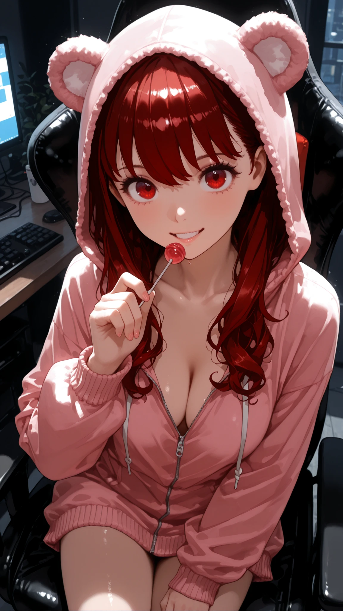 Yoshizawa Kasumi,(big open eyes:1.7),(tareme:1.2),(Light Reflect in Eyes:1.5),short bang,masterpiece:1.3,new,((Slender:1.4))),Normal Breast:1.3,on a pasture at night,Highest Quality:1.3,赤い髪、DARK RED EYES:1.3,straight long on the bat,(赤い髪:1.4),((beautiful eyes:1.3)),computer room,beautiful thighs、thin thighs:1.3.(Pink Hoodie Dress:1.6),((no bra:1.7)),((Sits in a Gaming Chair:1.3)),Slender:1.3,grin:1.3,8k:1.2,(((Side Shot:1.3))),(keyboard:1.7),(pink hoodie dress with candy on a stick:1.3),(teddy bear foodie:1.4),(Pull the hoodie),(holding Chuck:1.3),(Cleavage:1.6),(big eyes:1.3),(catchlight:1.6),holding candy with stick:1.7