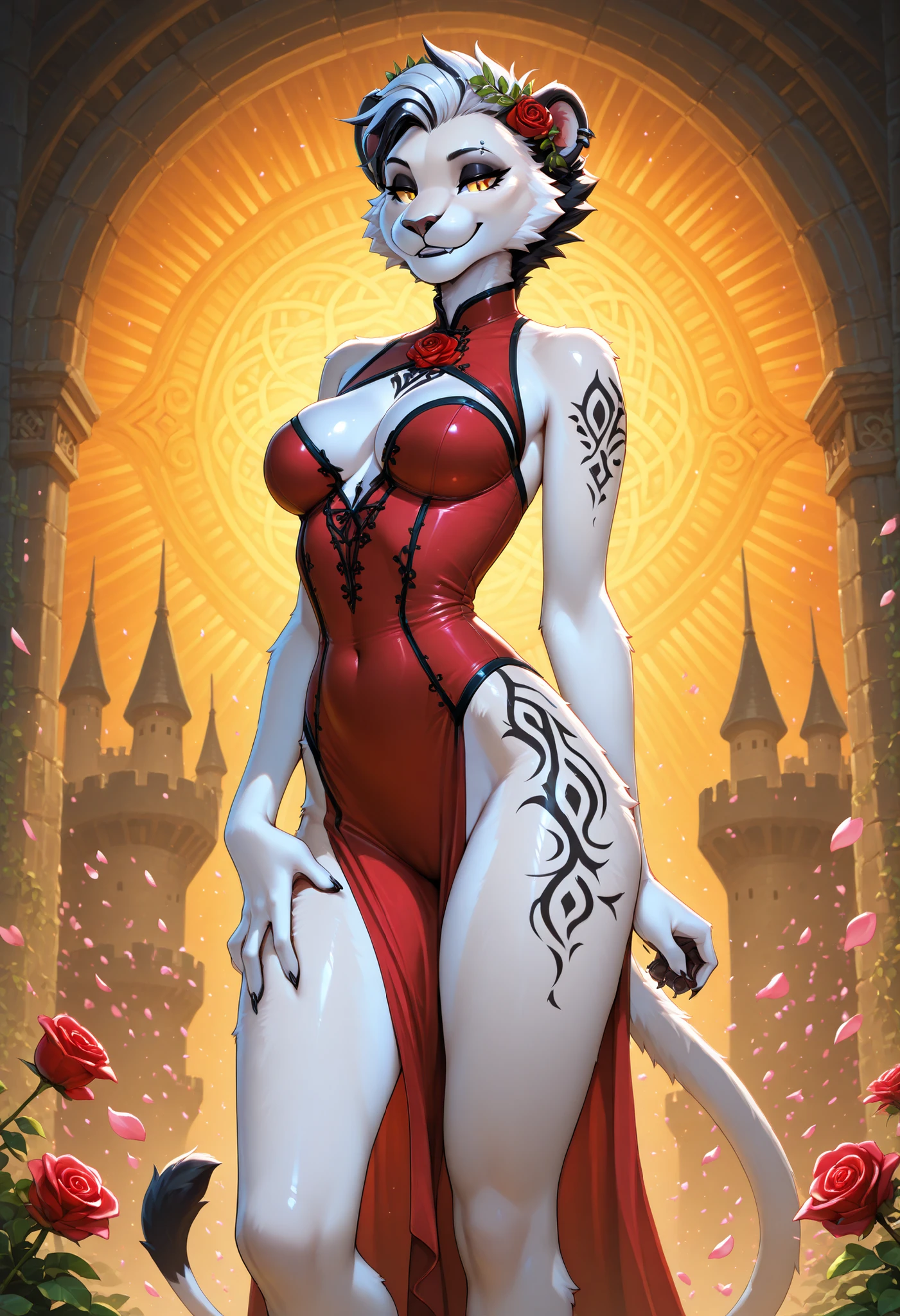 background,Cherry blossom,Cherry blossoms in full bloom clinging to a huge rock, solo , anthro , Zaffa , lioness, (((female))), Orange gradient eyes, black and white hair , white fur , fluffy fur , detailed fur , black tattoo , eyebrow piercing , ear clip , slim body, masterpiece, 8k, Highest Quality, detail, high resolution, Digital Painting, ultra detailed, anime style, ethereal rose girl, delicate features, (detailed eyes:1.2), (sharp eyes:1.1), (smooth skin:1.1), (shiny skin:1.2), flowing crimson dress resembling rose petals, intricate rose patterns embroidered on bodice, gentle yet mysterious smile, rose crown with dewdrops, slender fingers holding single blooming red rose, standing in lush rose garden, morning light filtering through rose arbor, thorny vines gracefully wrapping around legs, dew-kissed roses in foreground, castle silhouette in distance, (soft lighting:1.2), (rim light:1.1), digital painting, ultra-detailed