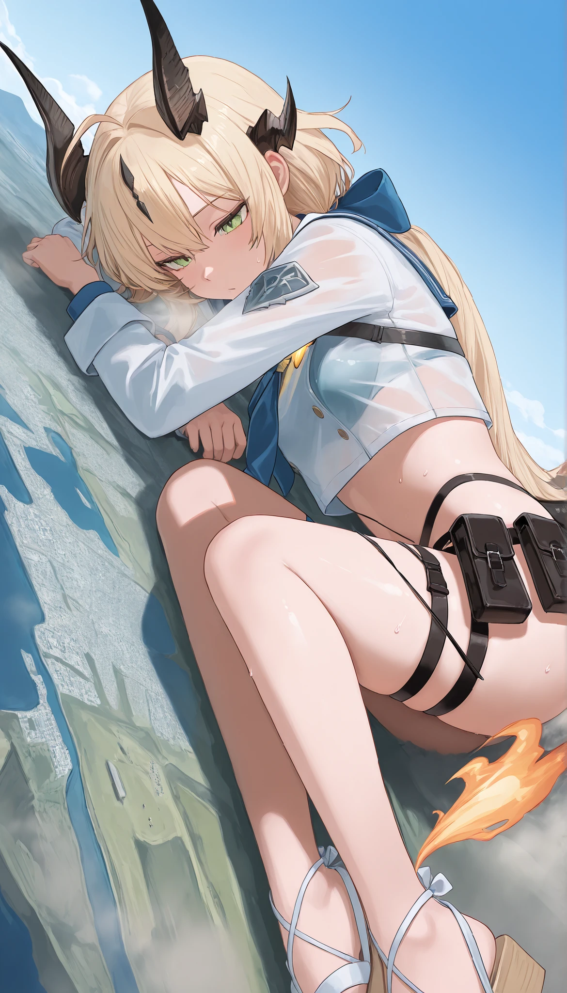 1girl, solo, (giantess:1.4), collapsed city, microcity, impact, Outdoors, Blue Sky, fullbody, very aesthetic, seductive body, sweat, ,reed_the_flame_shadow_\(summer_flowers\), green eyes , dragon horns, light_in_heart, blonde hair ,ahoge,low ponytail, flame-tipped tail, dragon tail , tail_ribbon , o-ring_bikini,crop top,see-through shirt,sailor collar,thigh strap , thigh ribbon , belt pouch , ribbon sandals,dust, lie on one's back, gradation eyes, detailed face, detailed eyes, on back, pov, panorama,staring at me, pov, first-person view, staring at me, best quality,, sweat, Steam, from side, masterpiece