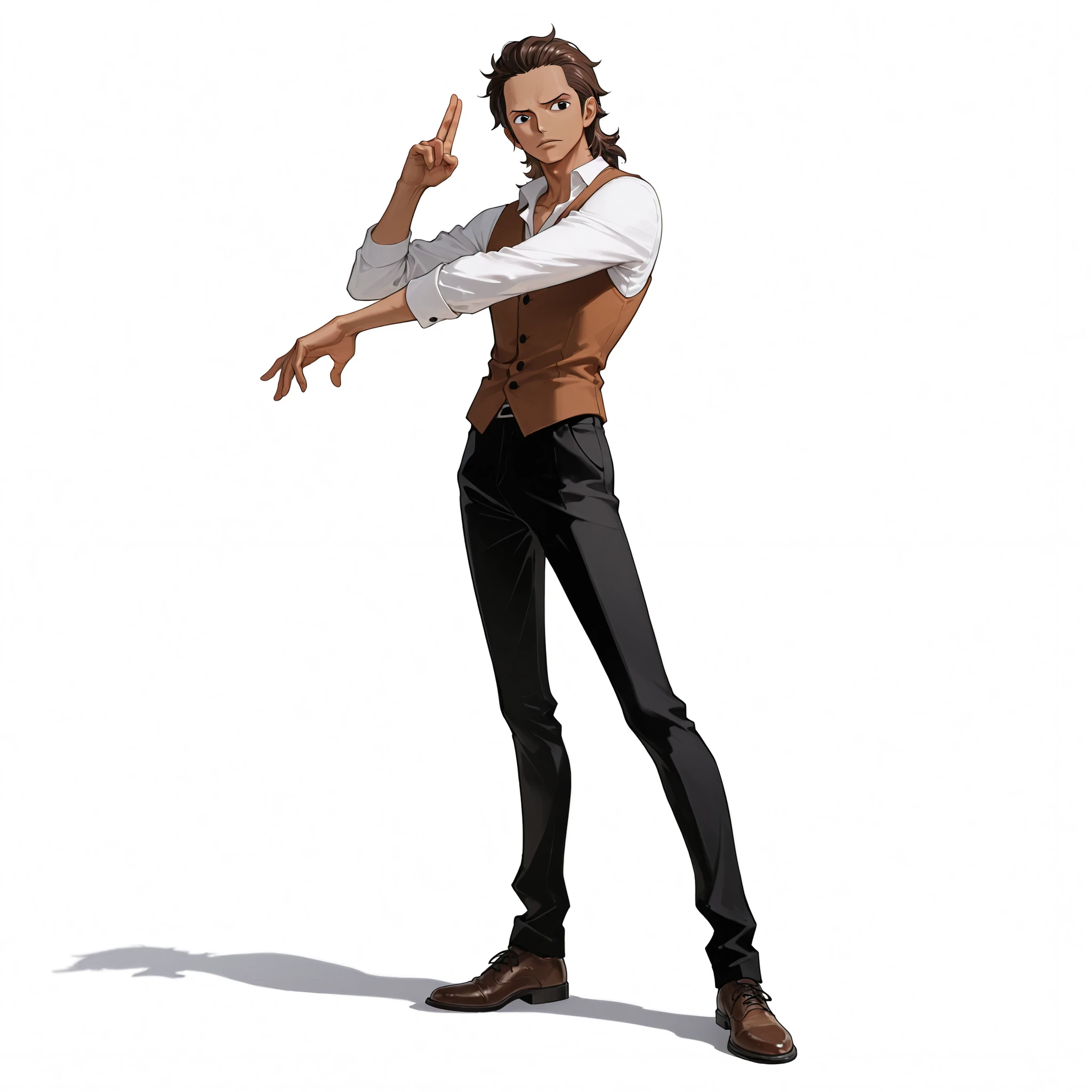 (male), (boy, dark skin), (slim body), (brown hair), (mullet classic hairstyle), (black eyes), (solo), (single character), (full body version), (white background), (no background), (highly detailed), (shadow), (standing pose), (natural light), (detailed outfit), (detailed hand), (detailed face), (detailed hair)
wearing casual formal style with a simple vest over a white shirt, black trousers, and brown formal shoes, (one piece style art)