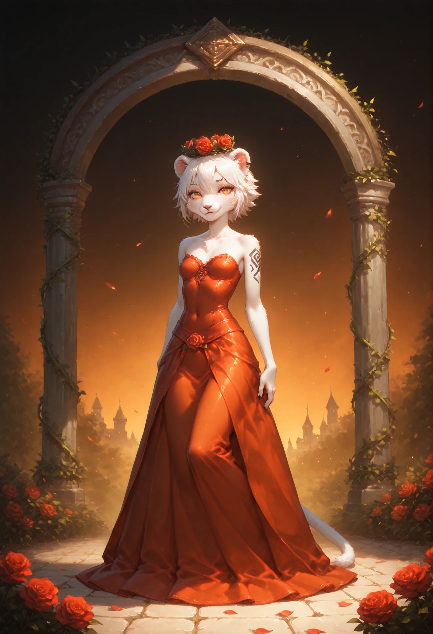 background,Cherry blossom,Cherry blossoms in full bloom clinging to a huge rock, solo , anthro , Zaffa , lioness, (((female))), Orange gradient eyes, black and white hair , white fur , fluffy fur , detailed fur , black tattoo , eyebrow piercing , ear clip , slim body, masterpiece, 8k, Highest Quality, detail, high resolution, Digital Painting, ultra detailed, anime style, ethereal rose girl, delicate features, (detailed eyes:1.2), (sharp eyes:1.1), (smooth skin:1.1), (shiny skin:1.2), flowing crimson dress resembling rose petals, intricate rose patterns embroidered on bodice, gentle yet mysterious smile, rose crown with dewdrops, slender fingers holding single blooming red rose, standing in lush rose garden, morning light filtering through rose arbor, thorny vines gracefully wrapping around legs, dew-kissed roses in foreground, castle silhouette in distance, (soft lighting:1.2), (rim light:1.1), digital painting, ultra-detailed