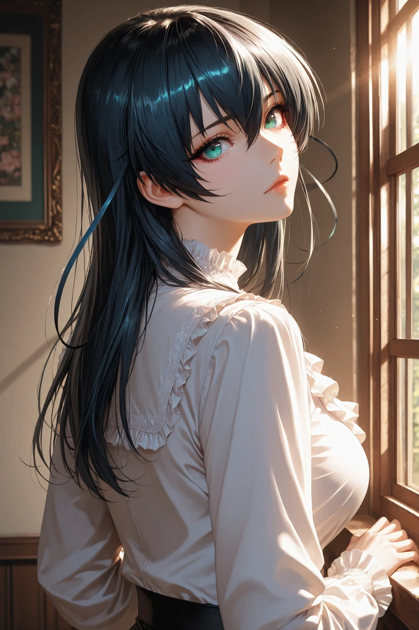 Igawa Asagi, 1girl, long hair, hair between eyes, black hair, green eyes, white blouse, frills, pencil skirt, black skirt, pantyhose, high heels, eyesHD, detailed eyes, high gradient eyes, high definition eyes, solo, upper body view, shaft look, looking back, from behind, head tilt, the girl is very beautiful, the girl has an incredibly beautiful face, detailed skin image. It's a sunny day, and the girl is in the lobby of Tokyo University. The girl is standing at the window. The girl looks at the viewer with tenderness, sunlight streaming through the window, highlighting her beauty. Proper lighting, proper shadows, extremely detailed CG unity 8k wallpaper, perfect lighting, colorful, ultra-high resolution, detailed background, top quality, best quality, masterpiece, high contrast, semrealistic, newest, amazing quality, hyper-detailed, newest, very aesthetic
