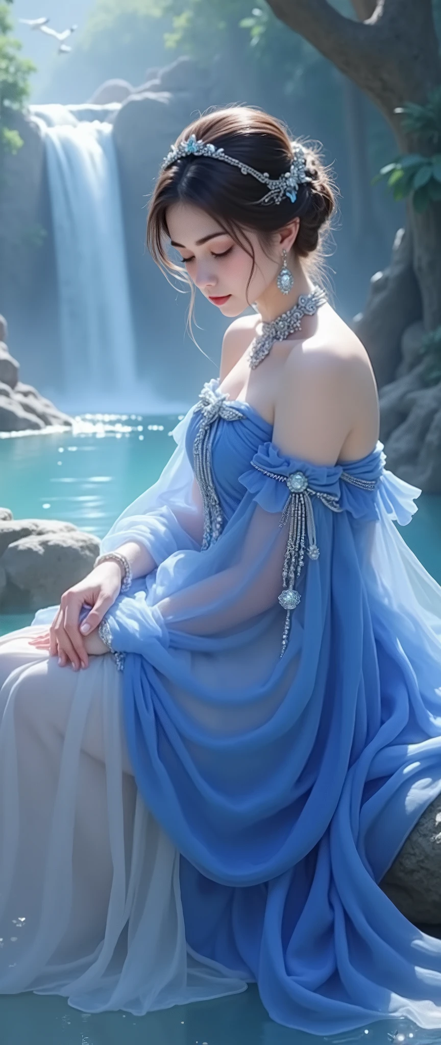 A stunning young woman with long, wavy dark brown hair sits gracefully on a rock by a serene river. She wears a vibrant royal blue off-shoulder blouse with ruffled sleeves and a light, flowing white skirt that gently touches the water. Her skin glows softly in the natural light, giving her an ethereal and elegant aura. She wears large, ornate earrings and a statement necklace with a glowing blue gemstone that matches her blouse.

Behind her, a peaceful waterfall cascades into a turquoise river surrounded by lush green forest. Birds fly gracefully in the sky above, adding a sense of freedom and movement to the scene. The atmosphere is calm, magical, and romantic — like a fantasy or fairytale setting. The lighting is soft and natural, with rich colors and painterly details, creating a high-quality fantasy portrait.