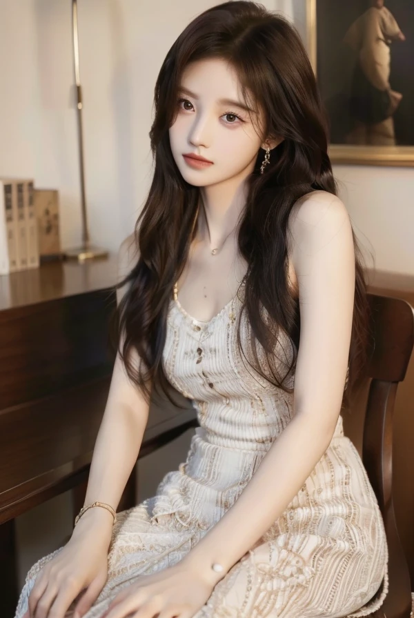 high quality,pretty girl,Sitting on the sofa，Blue tulle top,