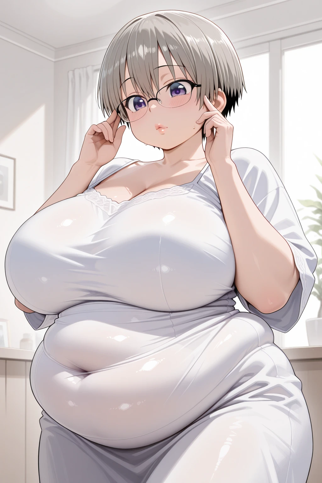 masterpiece, best quality, ultra-detailed, Potrait of beautiful , (chubby) (muscular), (plump), (sexly), (cleavage), ((tomboy)), (アニメ), (???????), (Plump), ((very short hair)), ((Uzaki Hana)), (overweight), (Gray Hair) (Wearing white clothes), ((Saggy ???????)), (blue eyes), (Short Hair), (blue eyes), ((thick)), (one piece), (fullbody)