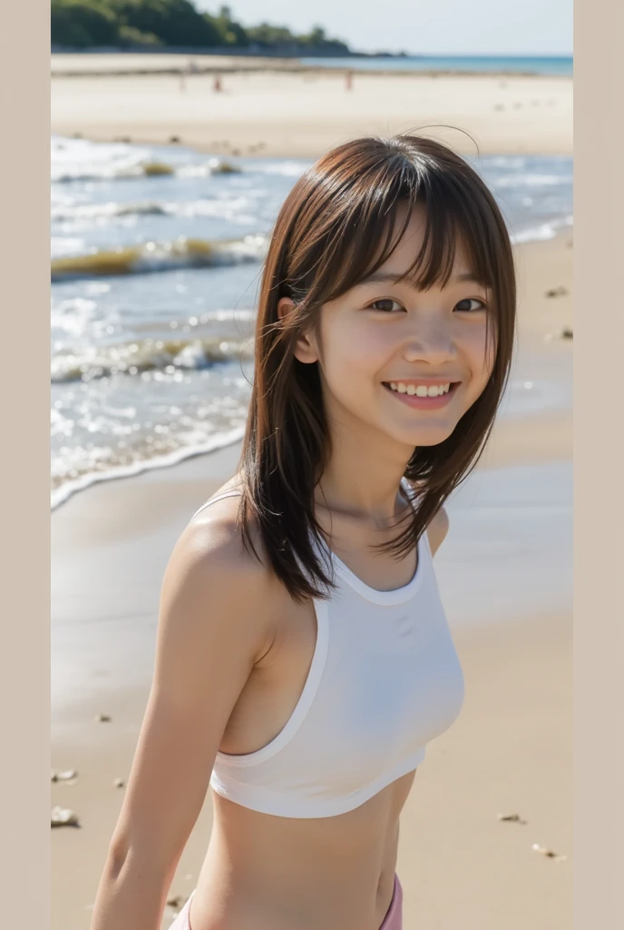 ( best quality , 16k, Masterpiece:1.3), ( Ultra Details ), (Masterpiece), ( best quality ), best quality , realistic , Surreal, best quality , very detailed CG , very delicate , 16k wallpaper, high resolution, (( detailed background)), Slim Body, very detailed , Detailed Fingers , detailed hands , detailed eyes, Detailed skin texture, Textured Skin, realistic な滑らかで柔らかい肌, accurate and perfect human anatomy, detailed skin texture , realistic な滑らかで柔らかい肌, Real human skin, White soft thighs , ( beautiful long straight hair:1.5), (bangs:1.5), (A very small mole on the left cheek 2There are), break (( small boobs)), (((Body:1.5))), (((Petite Body:1.5))), Cute Girl , (( standing:1.5)), (( intermediate shot:1.5)), (( outdoor:1.5)), (( Contrast between Ocean and White Sand :1.5)), In the morning, break cute girl, petite girl, Short arms, (( small eyes )), has a momentary vibe , (( thin eyebrows on boots:1.2)), (( thin lips:1.2)), : 1.5)), (( dynamic pose:0.6)), break (( wear a white camisole)), (( is a smiling face:1.2)),( upper body:1.5))