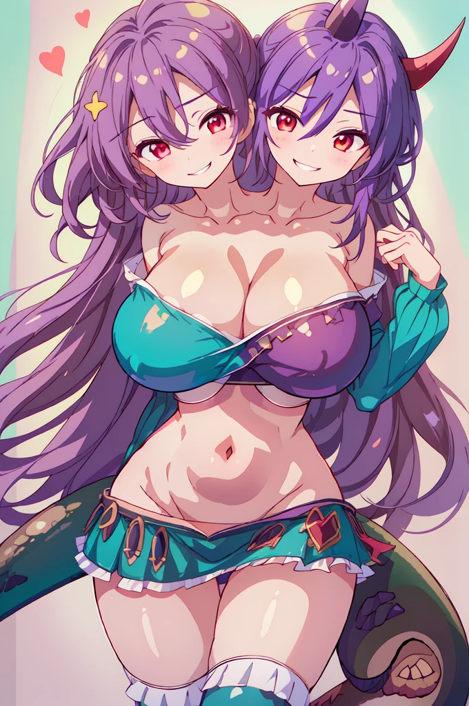 (masterpiece),(ultra-detailed), (high quality), (high resolution), ((2heads:1.5)), ((magenta hair)), ((glowing green eyes)), best quality:1.5, highres, UHD, 16K), smiling, highres, masterpiece, best quality, ear rings, slim , ((purple t shirt)), ((white crop top)), cleavage, ((very )), ((city)), seductive expressions, ((lustrous and smooth skin)), giant girl, skyscrapers, ((giantess))