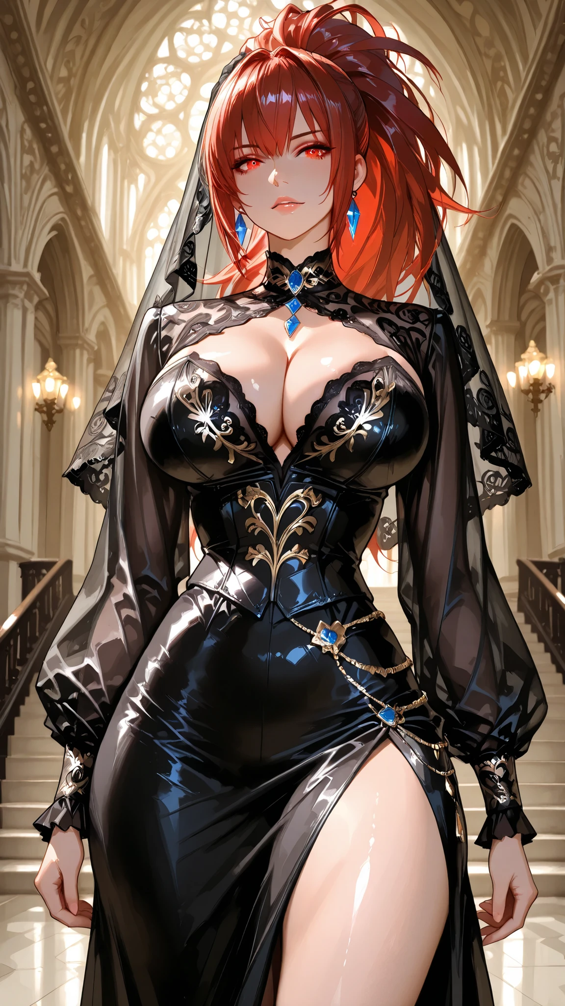 solo, LNHDRNKOF, red hair, glowing eyes, big hair, long hair, ponytail, indoor, evil, corruption, black eye shadow, mature woman, Tight waist、Small waist、shiny Skin , , (adult woman, 25+), An opulent couture wedding dress with a cathedral-length veil, geometric-patterned veil , lavish gold embroidery and gilded lace appliqués, baroque filigree, Swarovski crystal and pearl beading, ivory silk mikado bodice with structured corsetry, voluminous layered tulle skirt and sweeping train, refined A-line silhouette, photorealistic, ultra-detailed, soft diffused studio lighting, fashion editorial photography, 85mm lens, shallow depth of field, elegant and regal, super :1.tra thin waist :1.5、