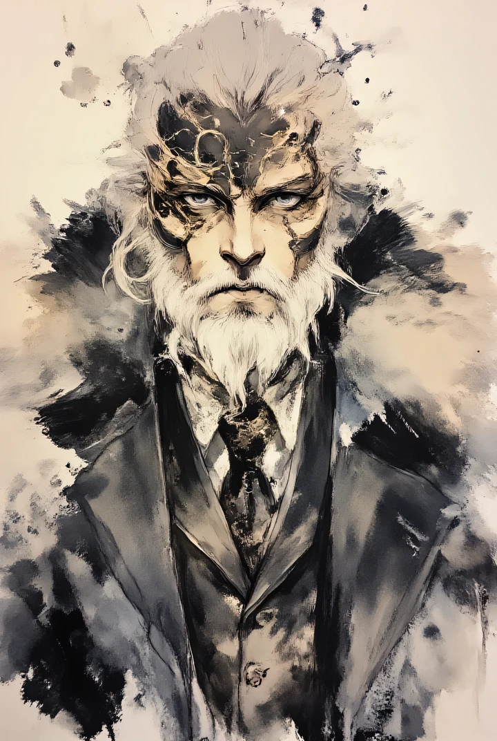 ArsMJStyle, Zen Ink Wash Sumi-e,yoji_style,,Gold-rimmed monocle、The Old Man with White Hair、Long hair、blue eyes、long jaws 、is thin、standing straight、Sharp Eyes、I'm wearing a coat in a fancy suit、The coat is worn over the shoulder without passing through the sleeves、I'm putting my hands on a cane、oil、(High Resolution), (More Details), (8K), (High Resolution),