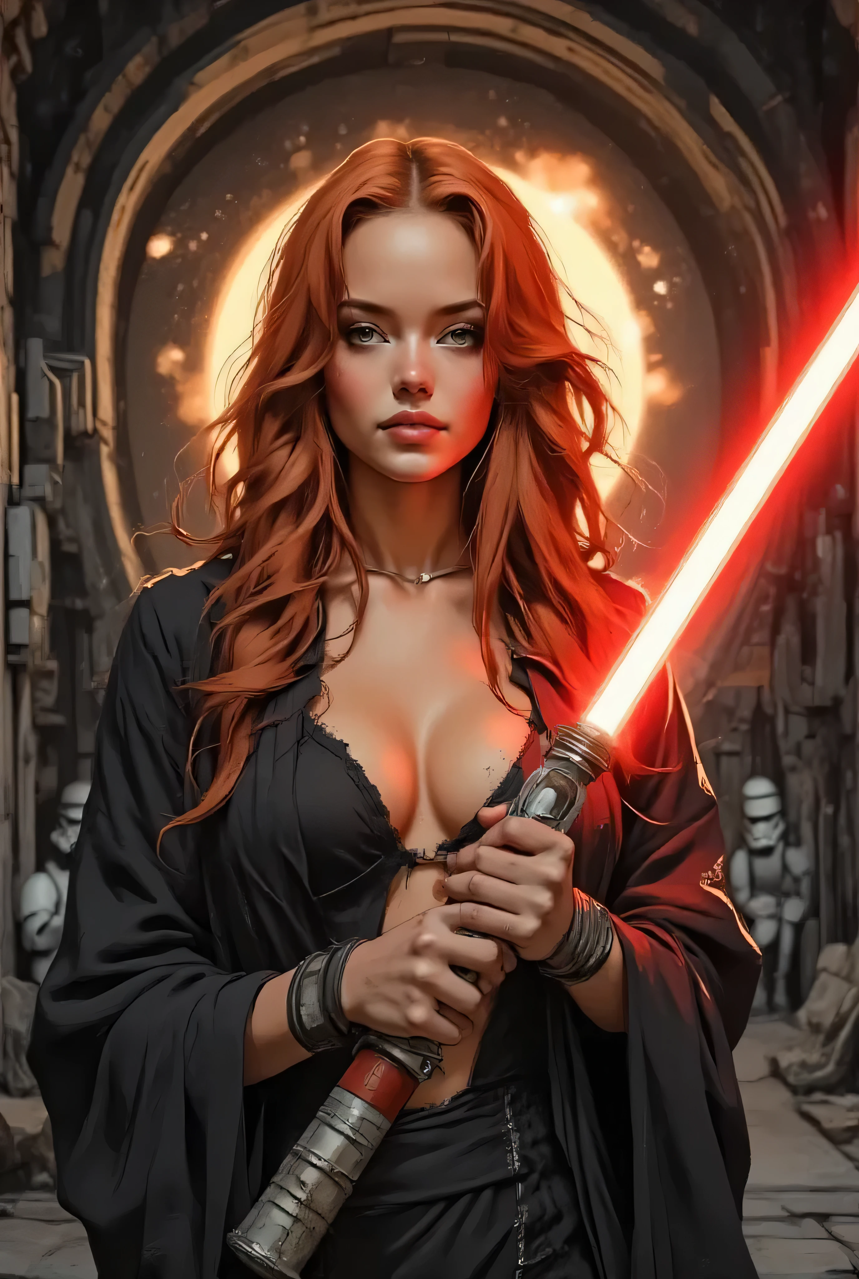 Character: A beautiful, commanding Mara Jade as a Sith Lord. She has vibrant wavy red hair, piercing green eyes, and fair, alabaster skin. She smiles slightly.
Attire & Pose: She wears the classic Sith tunic (or robes) reimagined with a sultry, pin-up style open to accentuate the cleavage/breast area. Over this, she wears a long, flowing black coat. Her expression is a sly, confident smile, suggesting she is waiting for an attack. She holds a perfectly detailed, ignited red lightsaber in her flawlessly rendered hands.
Setting & Composition: She stands in the TIE Fighter hangar bay of the Death Star (or a similar Imperial station).
Atmosphere & Lighting (NEW): Dominating the view behind the woman is a stunning total solar eclipse, casting the scene in an eerie, twilight glow. This results in dramatic, deep shadows contrasting with sharp, rim lighting on her form and the metallic elements of the hangar, particularly from the eclipse's corona and distant internal hangar lights. The eclipse creates subtle, yet striking reflections on polished surfaces, enhancing the mysterious and powerful ambiance. The overall mood is dark, menacing, and intensely atmospheric.
Background Elements: In the background, two Stormtroopers are visible near or inspecting a TIE Fighter, partially silhouetted by the eclipse's indirect light.
Style & Quality: Hyper-realistic, photorealistic, ultra-detailed, 4K. Utilize cinematic, high-contrast lighting to emphasize the eclipse's effect. Perfect details, perfect symmetry.