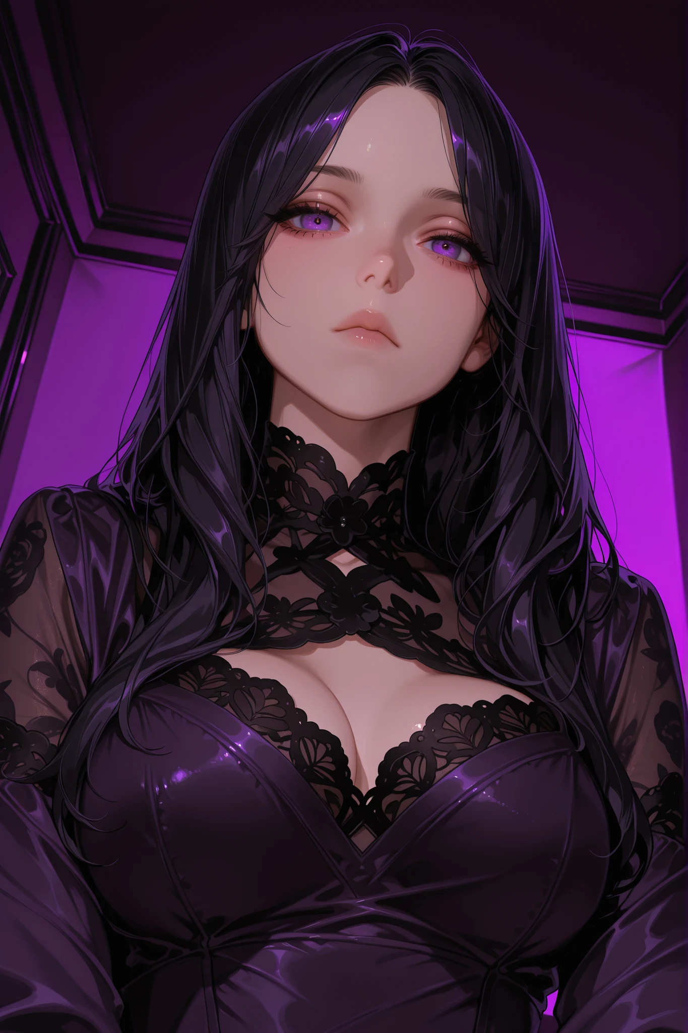 Top Quality, High Quality, Ultra HD, Viewers, Amazing Appearance, Cute Appearance, Cute Face, 1 Teenage Girl, Without Black Hair Long Hair, Purple Eyes, Dark Purple Luxurious Room Background, Black Lace Luxury Clothes, Expressionless, View from Bottom, Big Chest, Pretty Face, Very Beautiful, No Bangs, Upper Body Angle, Viewers