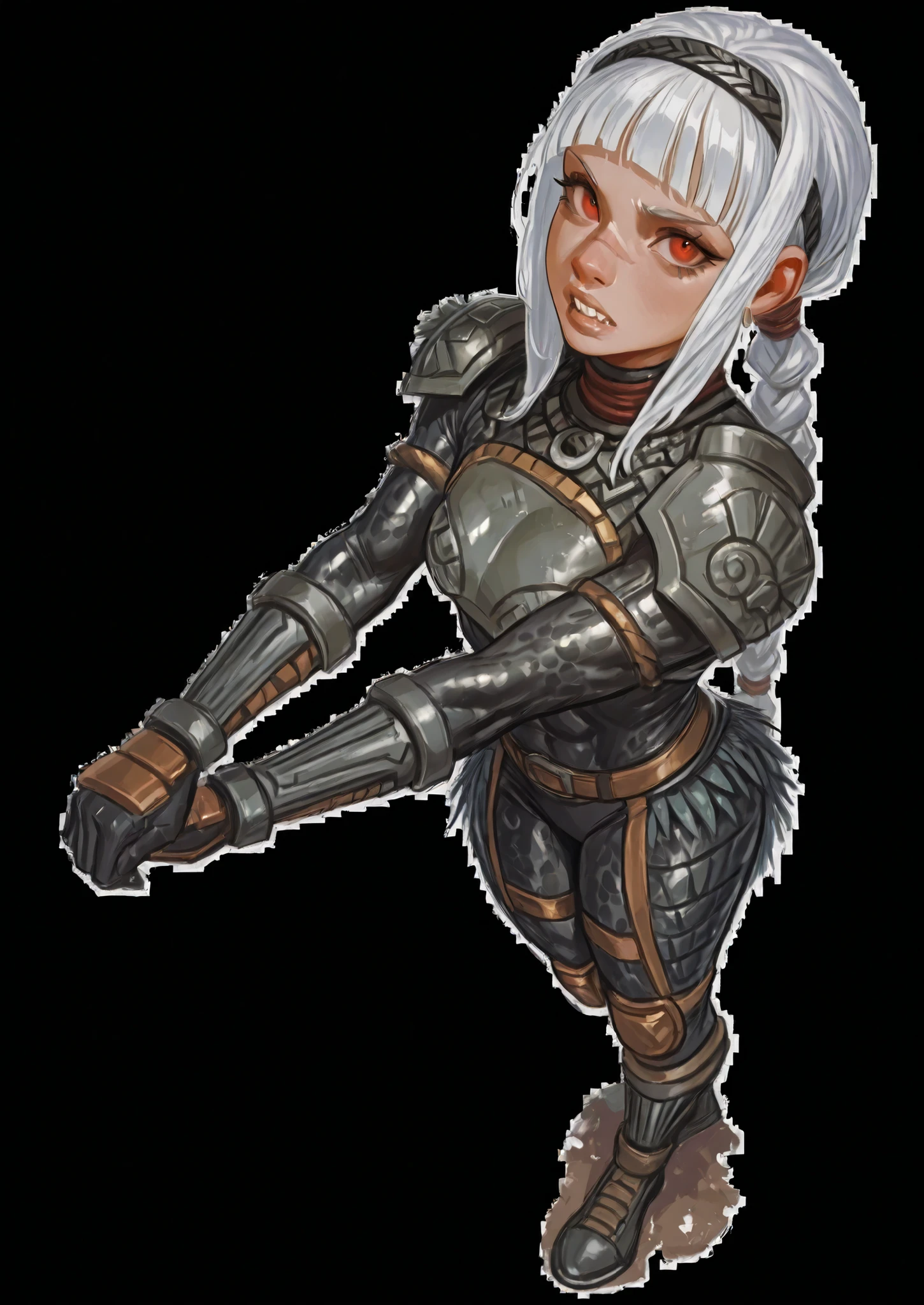 She looks like Elena from Street Fighter and has a horizontal scar across her nose. Inca girl with white dreadlocks with silver pearls and ponytail, red eyes, slanted Asian eyes, sharp canine teeth, black eyeliner, athletic body and soft abs. Slender and athletic. Cute, round and young face. White highlights in her hair. Small breasts. She wears a rough (indiginous) black and green leather "catsuit" armor with breastplate with snakeskin-texture, atzec feathers, covering her body, kein bauchfrei. Leather headband. She also wears an amber necklace. Atmospheric lighting. Looking at the viewer. Background: Aztec jungle, hdr colours, oil painting,