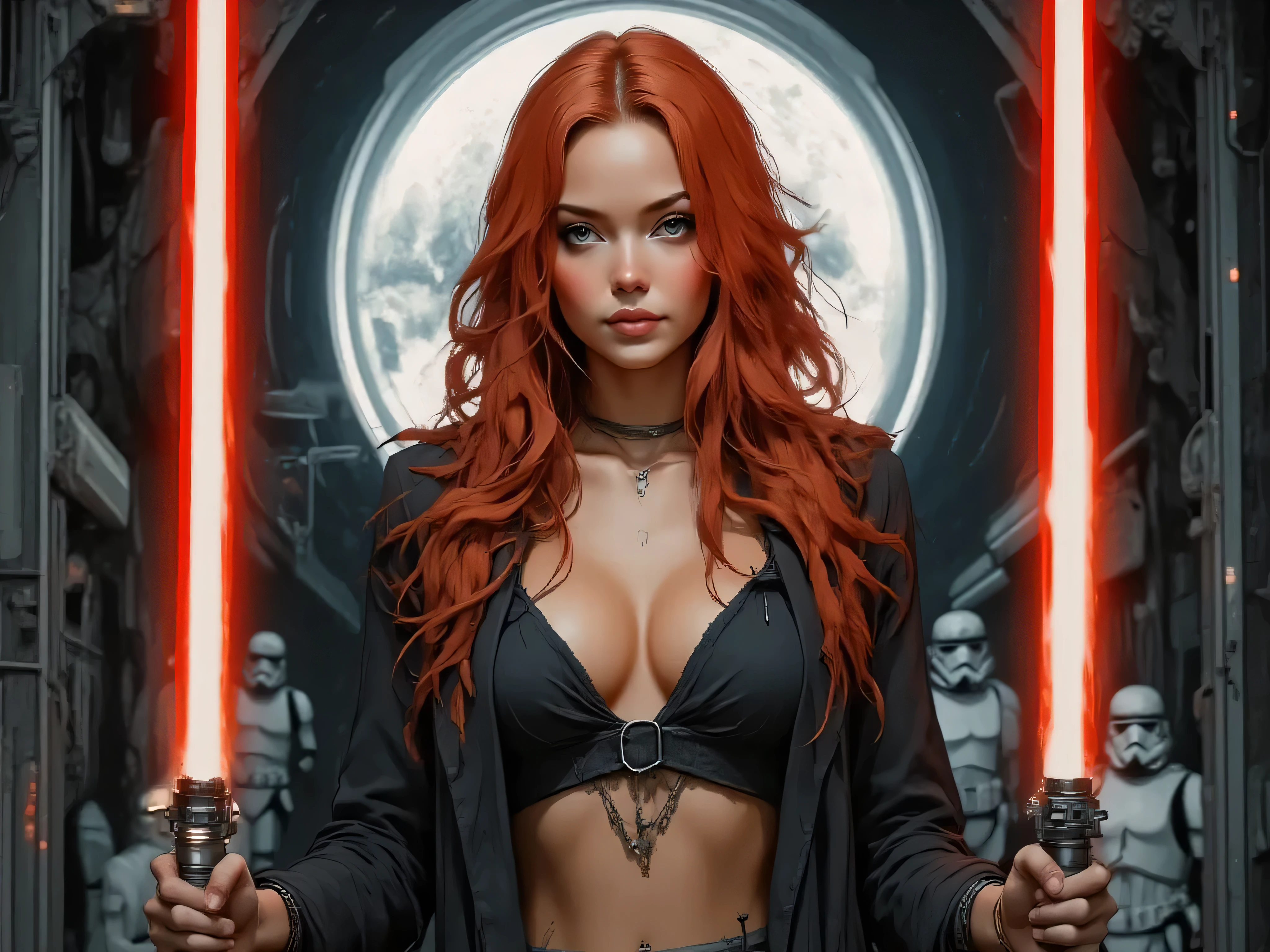 Character: A beautiful, commanding Mara Jade as a Sith Lord. She has vibrant wavy red hair, piercing green eyes, and fair, alabaster skin. She smiles slightly.
​Attire & Pose: She wears the classic Sith tunic (or robes) reimagined with a sultry, pin-up style open to accentuate the cleavage/breast area. Over this, she wears a long, flowing black coat. Her expression is a sly, confident smile, suggesting she is waiting for an attack. She holds a perfectly detailed, ignited red lightsaber in her flawlessly rendered hands.
​Setting & Composition: She stands in the TIE Fighter hangar bay of the Death Star (or a similar Imperial station).
​Atmosphere & Lighting (NEW): Dominating the view behind the woman is a stunning total solar eclipse, casting the scene in an eerie, twilight glow. This results in dramatic, deep shadows contrasting with sharp, rim lighting on her form and the metallic elements of the hangar, particularly from the eclipse's corona and distant internal hangar lights. The eclipse creates subtle, yet striking reflections on polished surfaces, enhancing the mysterious and powerful ambiance. The overall mood is dark, menacing, and intensely atmospheric.
​Background Elements: In the background, two Stormtroopers are visible near or inspecting a TIE Fighter, partially silhouetted by the eclipse's indirect light.
​Style & Quality: Hyper-realistic, photorealistic, ultra-detailed, 4K. Utilize cinematic, high-contrast lighting to emphasize the eclipse's effect. Perfect details, perfect symmetry.