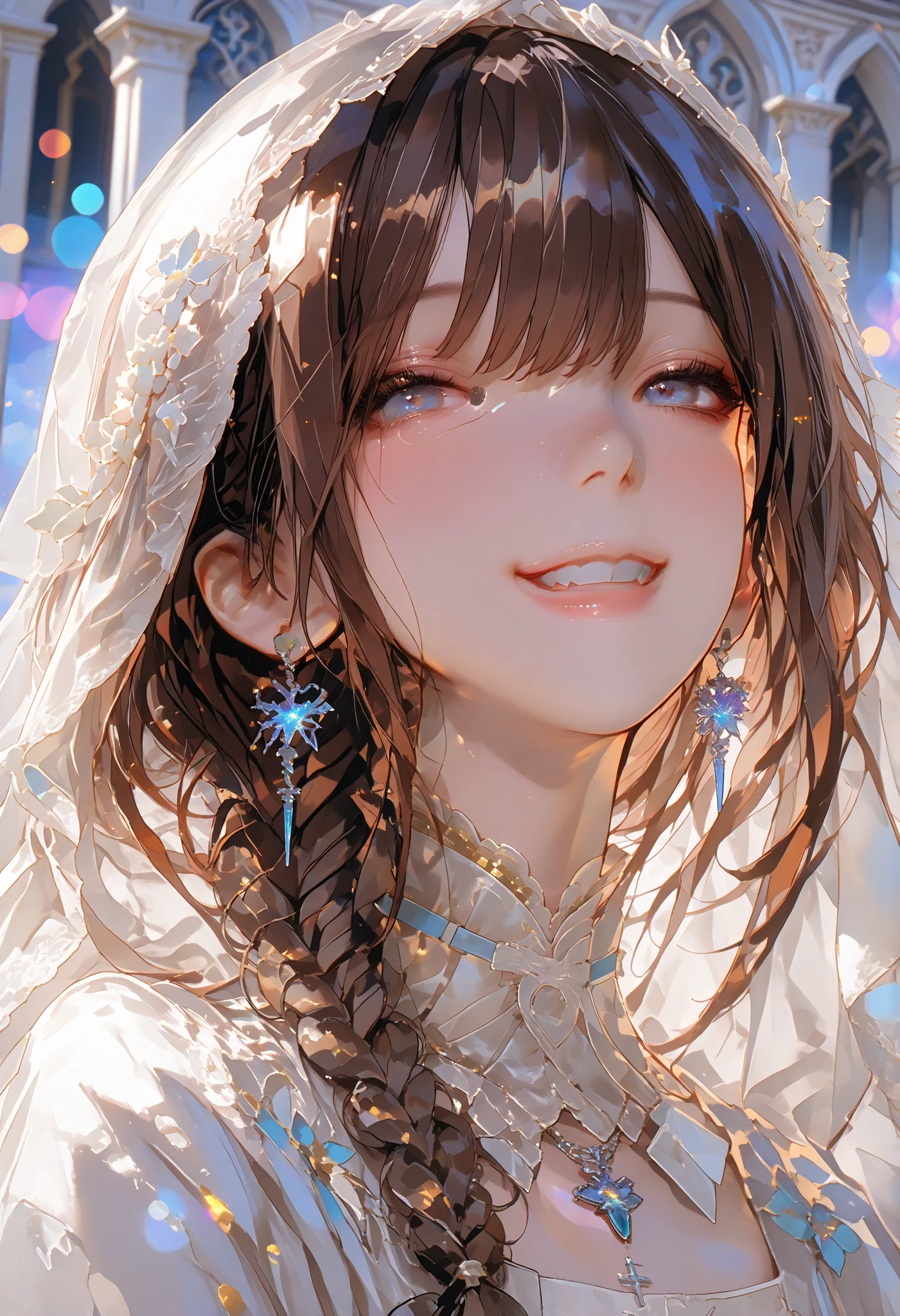 The Veiled Bride、graceful behavior、big smile、Dark Dawn、holy church background、High Quality、portrait、Photo、HDR、bokeh effect、Delicate Hues,((最High Quality)), (very detailed), (High Definition CG Composite 8K Wallpaper), 高いly detailed, 高い-definition raw colbor photos, professional photography, Depth of Written Boundaries,Beneath the veil、Baby-Faced Girl Who Can't See Her Expressions、Winter clothing、in a crowd、Modest Smile、Delicate Feelings、Quiet Presence、A place with a hint of winter、soft light、Pale Color Palette、Portrait of a Soft and Delicate Woman、Realistic and Delicate Digital Art、High definition 8K、Super detailed、professional illustration、Photoような写実性,brown hair,shortcuts,unkempt hair,Short braided hair,Neat,slender beauty,correct posture,small breasted,beautiful legs,Her Enchanting Gray-Blue Eyes Are Shining Like Stars,Saggy Eyes,Brilliant Colors,beautiful eyes,A delicate smile,Textured Skin,Highest Quality,gentle and beautiful woman,anime style、