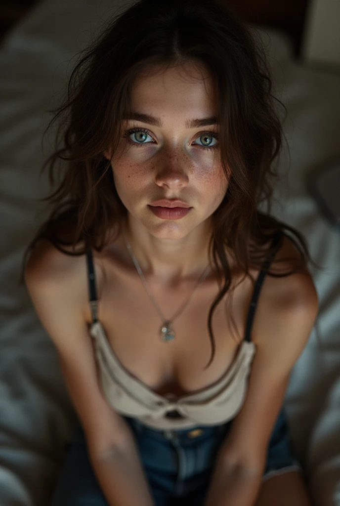 1 girl, teen, 18 years old, youthful, skinny, tall, brunette, messy ponytail, vivid blue eyes, small breasts, small waist, small ass, with freckles, with dental braces, young looking, cute face, hot body, most beautiful girl ever, full body wide picture, looking deeply at the viewer with a look of innocence yet seductive expression, photo taken on her knees, dressed with small shorts revealing most of her legs and almost a bit of her lower ass cheeks, dressed with a small white tank top revealing almost all her belly, with a cleavage highlighting the small but attractive breasts, overall clothing highlights even further her attractiveness., wet, from above, very closeup, worried look on her face, close-up face, bedroom