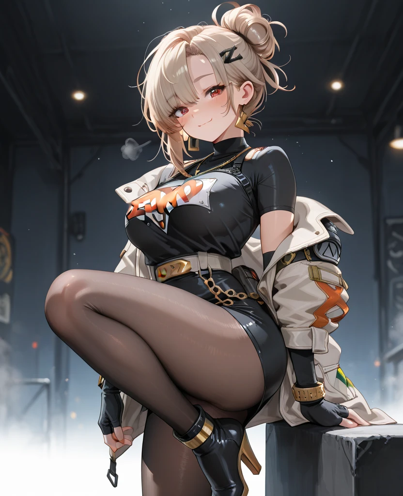 1girl, heart, eyewear on head, dog, solo,grey hair, socks, jewelry, yellow background, simple background, blush, long sleeves, knees up, looking at viewer, jacket