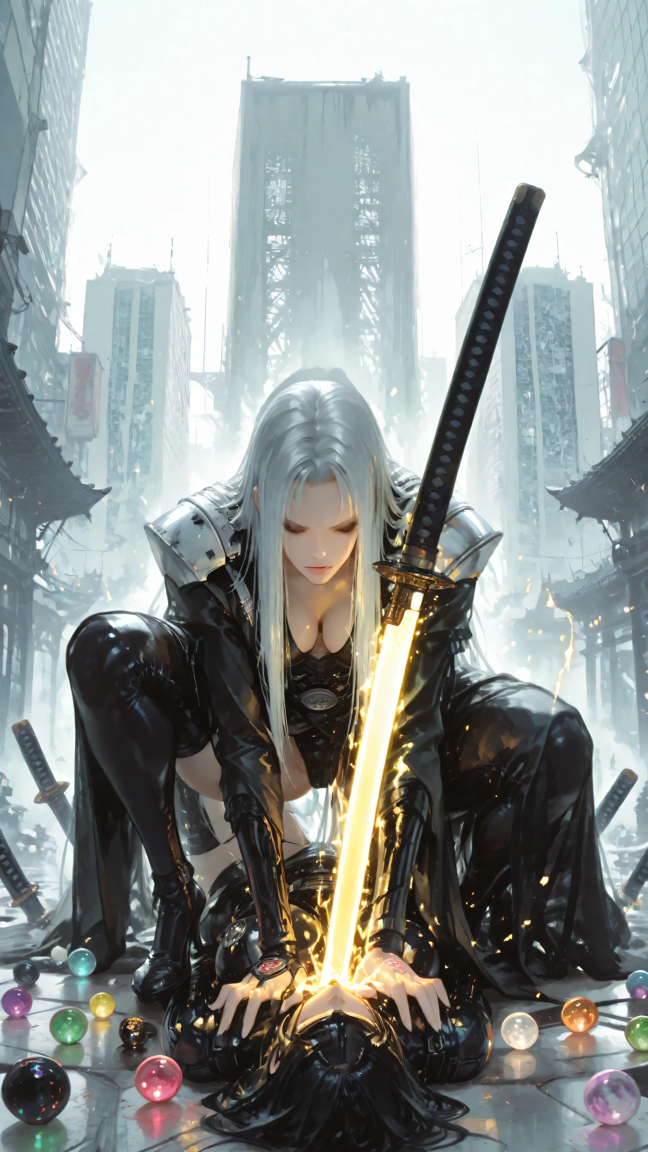 sexy female sephiroth holding super long katana, on top of shinra building, materia, casting summon spell