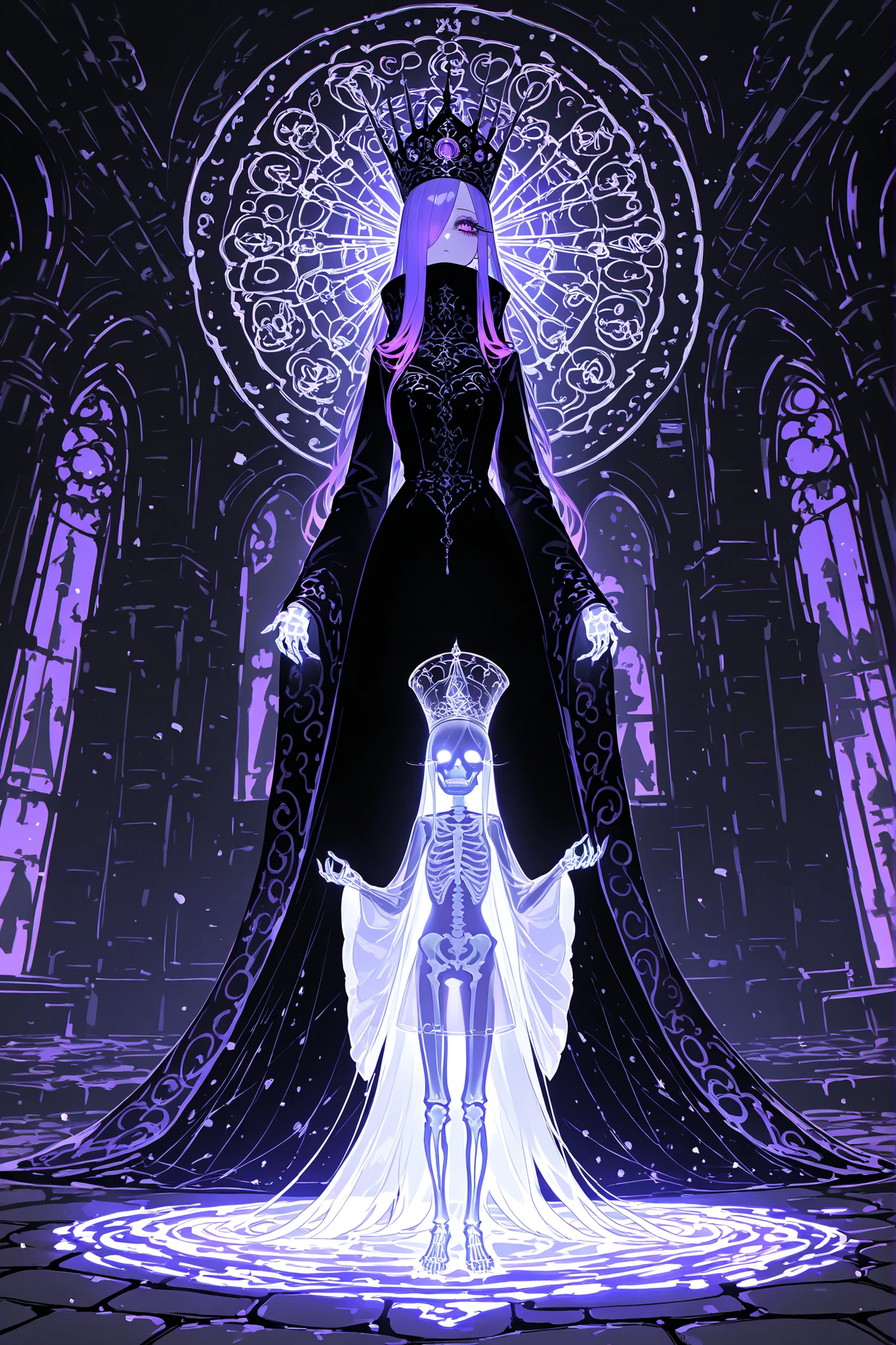 (source_anime,xxx667_illu,glowing,) The ghostly medival princes is a ghost.(She has a transparent skin, the silhouette of her skeletal bones can be see through.) She has a mature physique. She has ghostly pale skin and bruises under her eyes. She has tired big black-purple eyes with long eyelashes and leaking mascara. She has black very long hair with purple highlights, she has a careless long ghostly hairstyle with long hair over one eye. She has a black manicure. She is wearing a black medieval long-sleeved trapeze dress with high collar,and silver wimple. She wearing a tasseled black silver cone-shaped hat of princess. (In the background: is a room with an authentic interior of abandoned medieval castle made of cobblestone. Abandoned medival kingdom.)